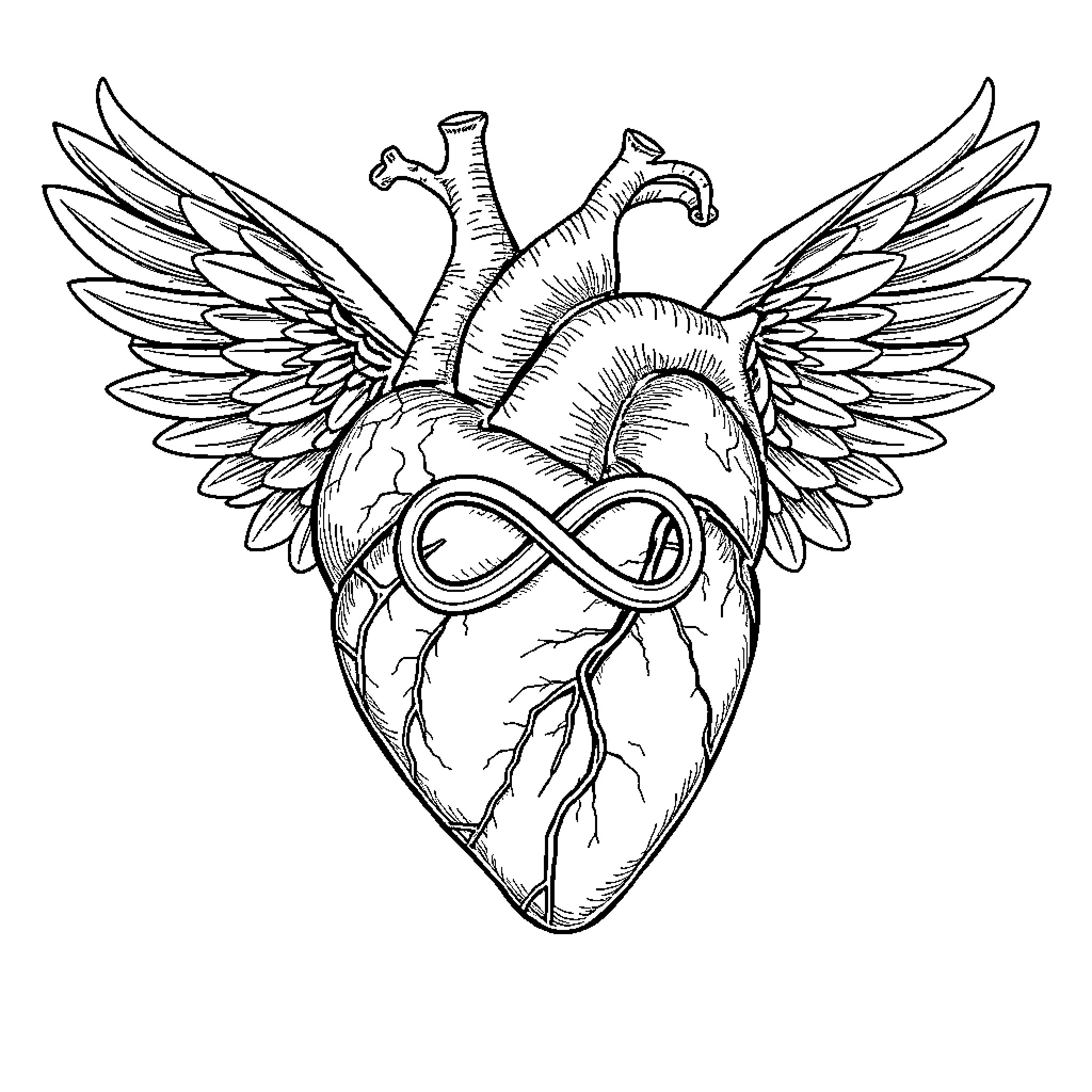 Heart with Winged Anatomical Detail Coloring Page (free black-and-white line drawing printable PDF for all, from beginners to advanced learners, including children, teens, adults, and seniors)
