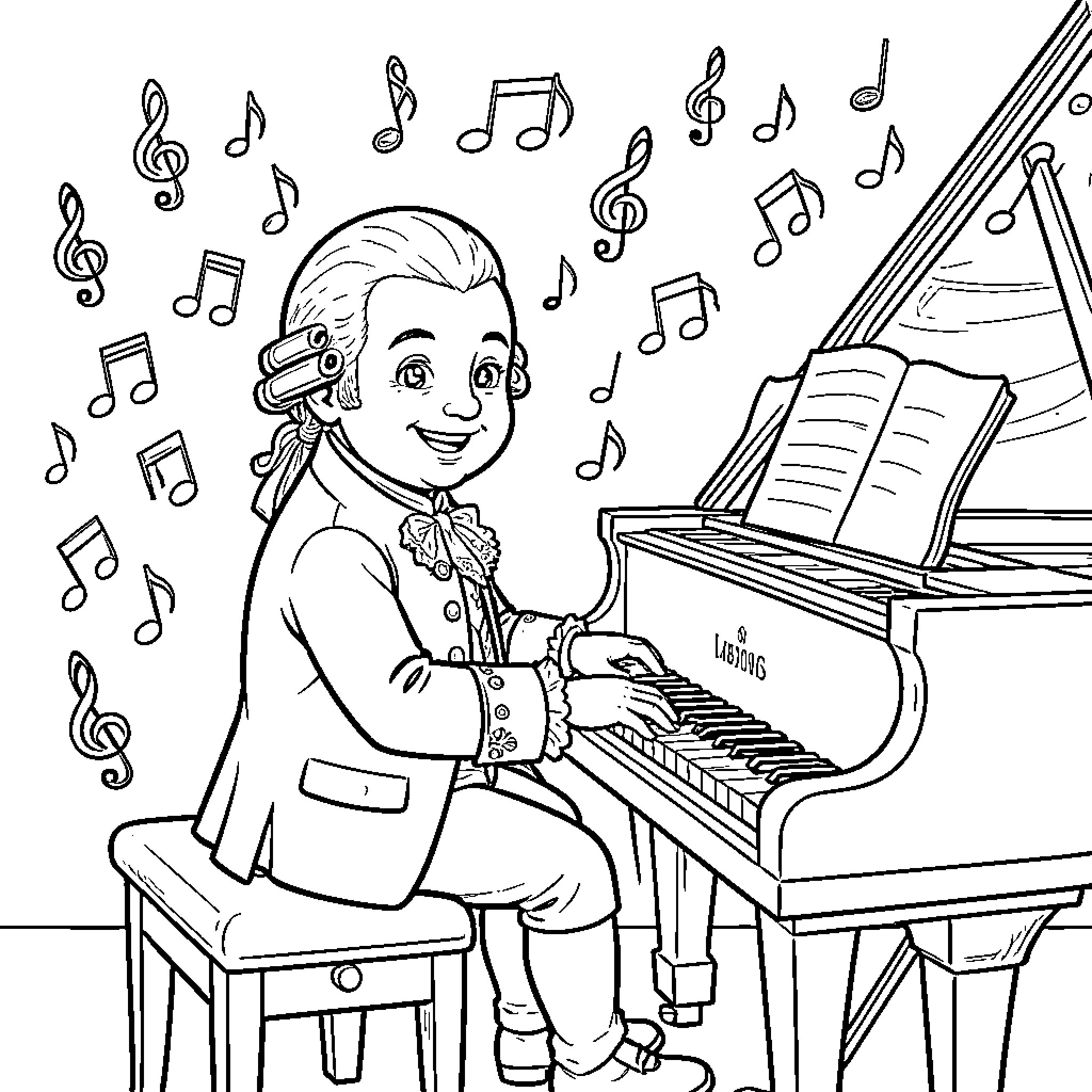 Mozart playing the piano with musical notes floating around Coloring Page (free black-and-white line drawing printable PDF for all, from beginners to advanced learners, including children, teens, adults, and seniors)