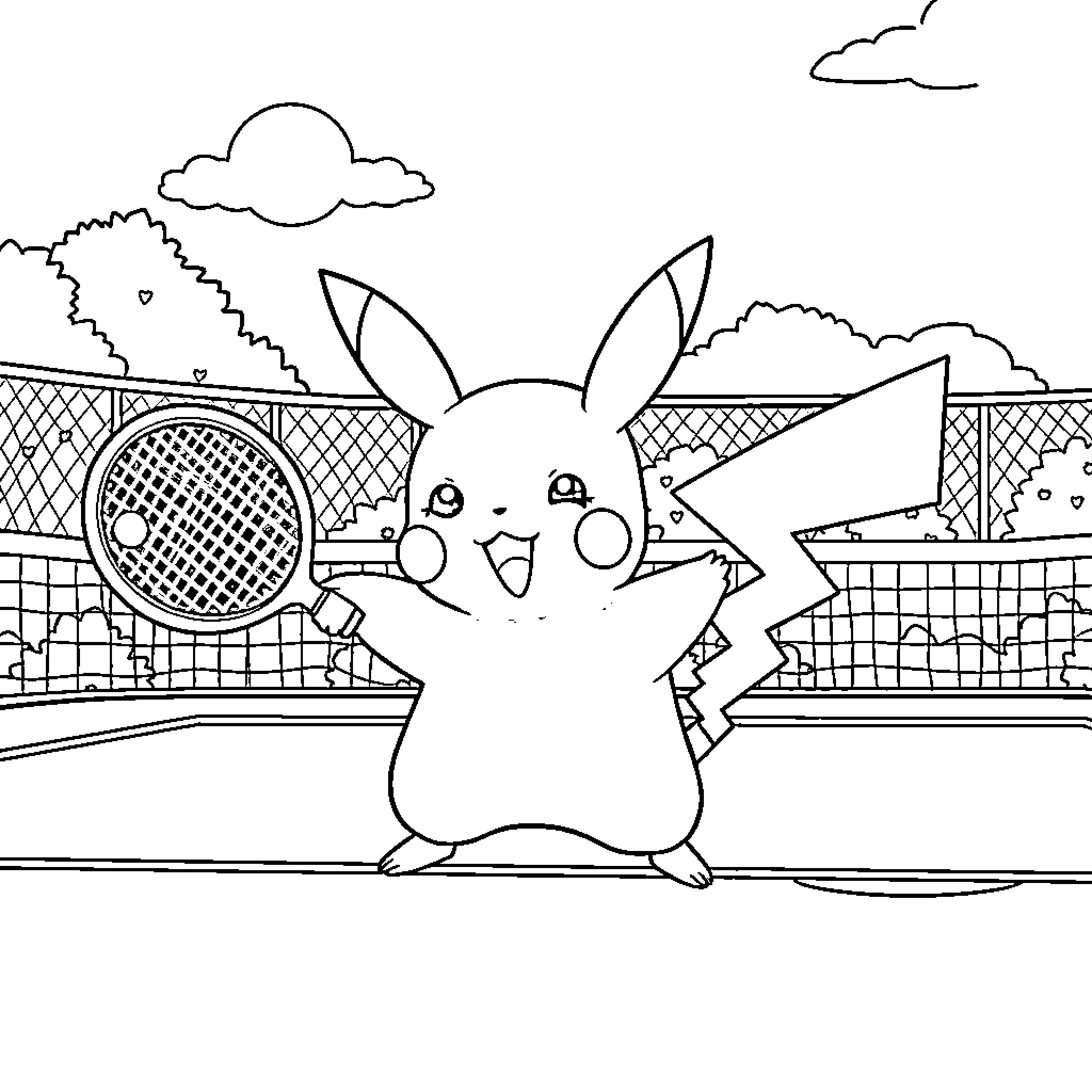 Pikachu playing tennis in a sports field Coloring Page (free black-and-white line drawing printable PDF for all, from beginners to advanced learners, including children, teens, adults, and seniors)