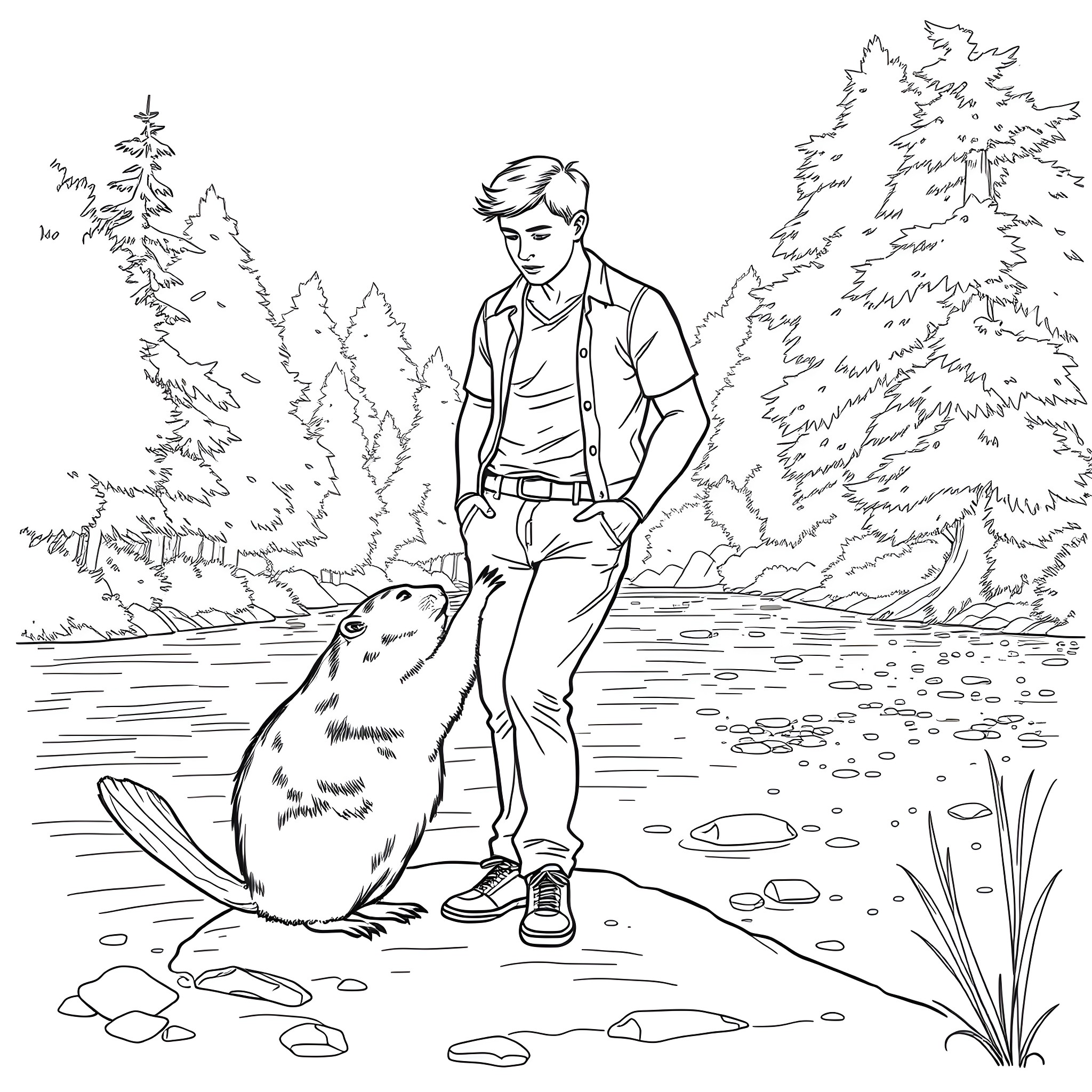 Beaver and man exploring the forest stream Coloring Page (free black-and-white line drawing printable PDF for all, from beginners to advanced learners, including children, teens, adults, and seniors)