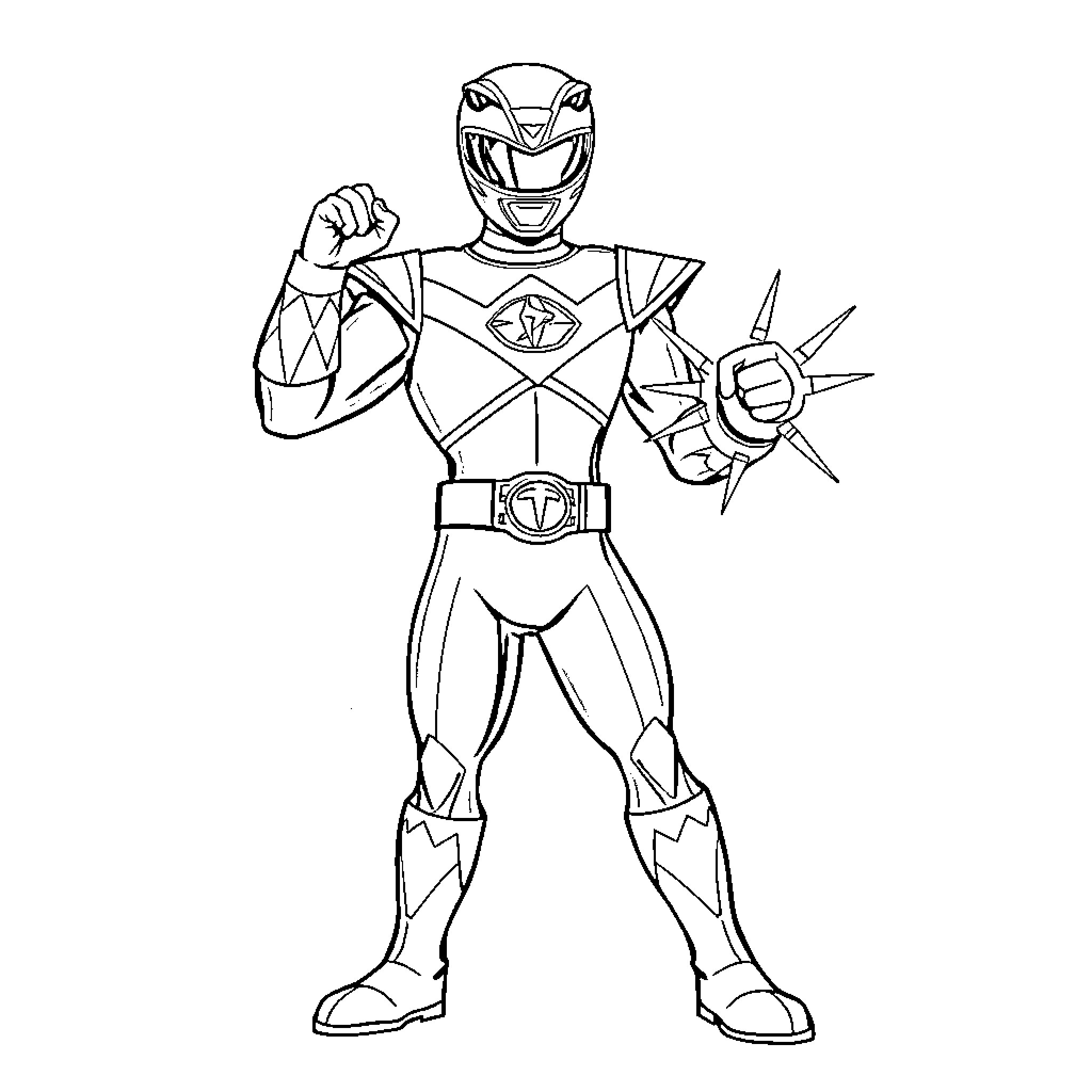Green Ranger heroically poses in action Coloring Page (free black-and-white line drawing printable PDF for all, from beginners to advanced learners, including children, teens, adults, and seniors)
