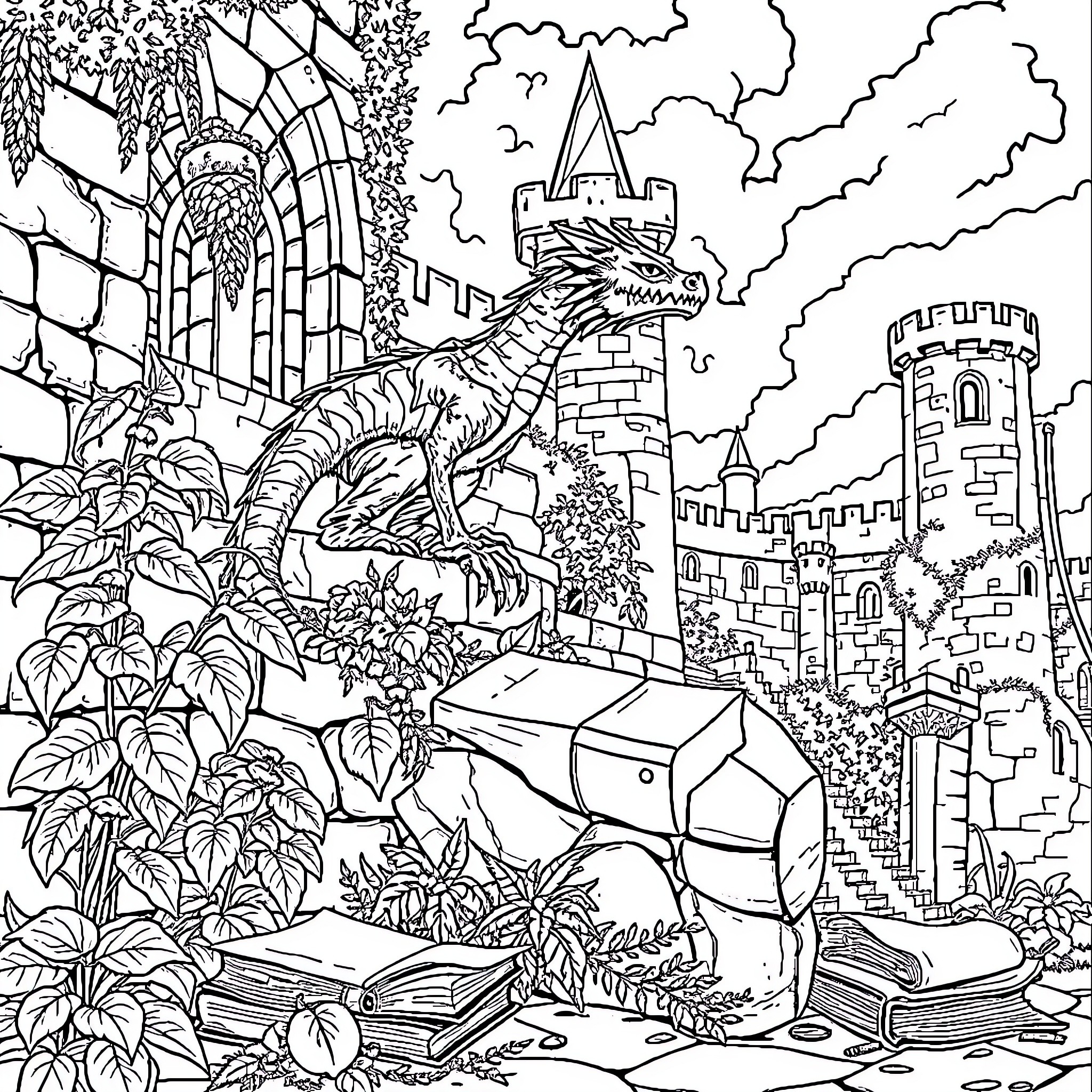 Dragon guarding a fantasy castle and treasure hoard Coloring Page (free black-and-white line drawing printable PDF for all, from beginners to advanced learners, including children, teens, adults, and seniors)