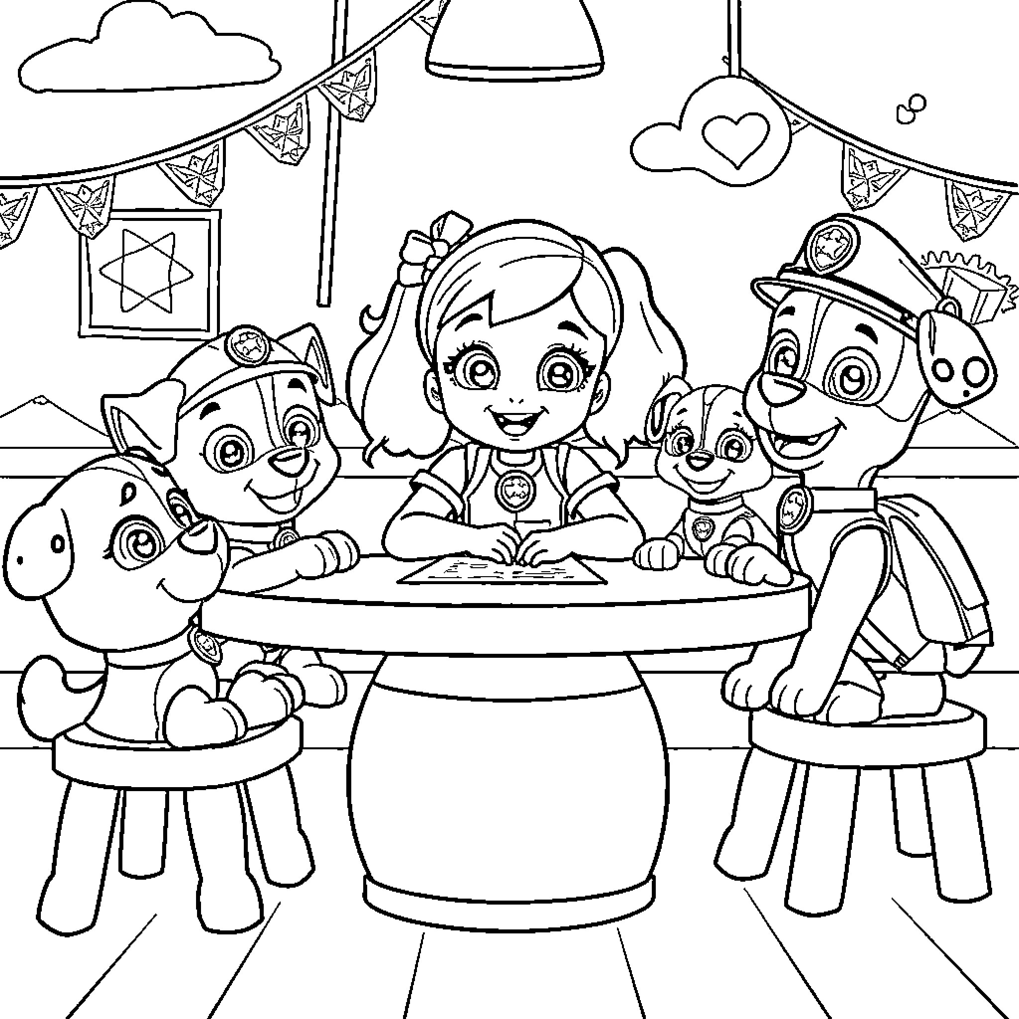 Gabby's Celebration with Pup Patrol Friends Coloring Page (free black-and-white line drawing printable PDF for all, from beginners to advanced learners, including children, teens, adults, and seniors)