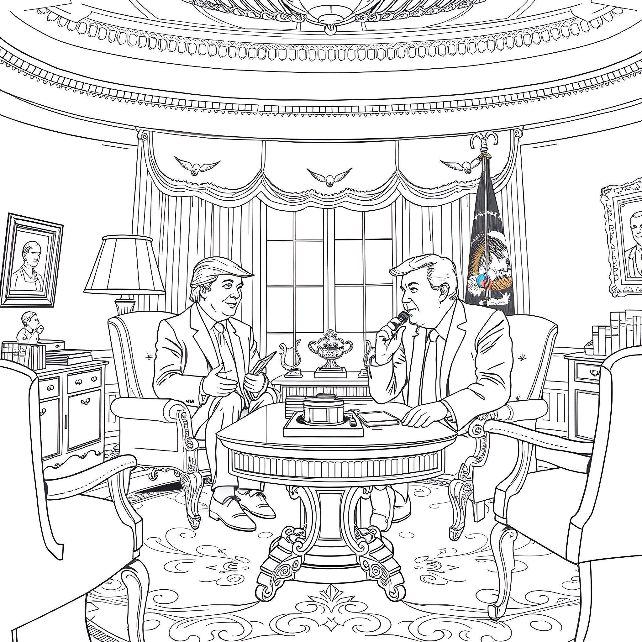 Trump meeting with advisor in ornate oval office Coloring Page (free black-and-white line drawing printable PDF for all, from beginners to advanced learners, including children, teens, adults, and seniors)