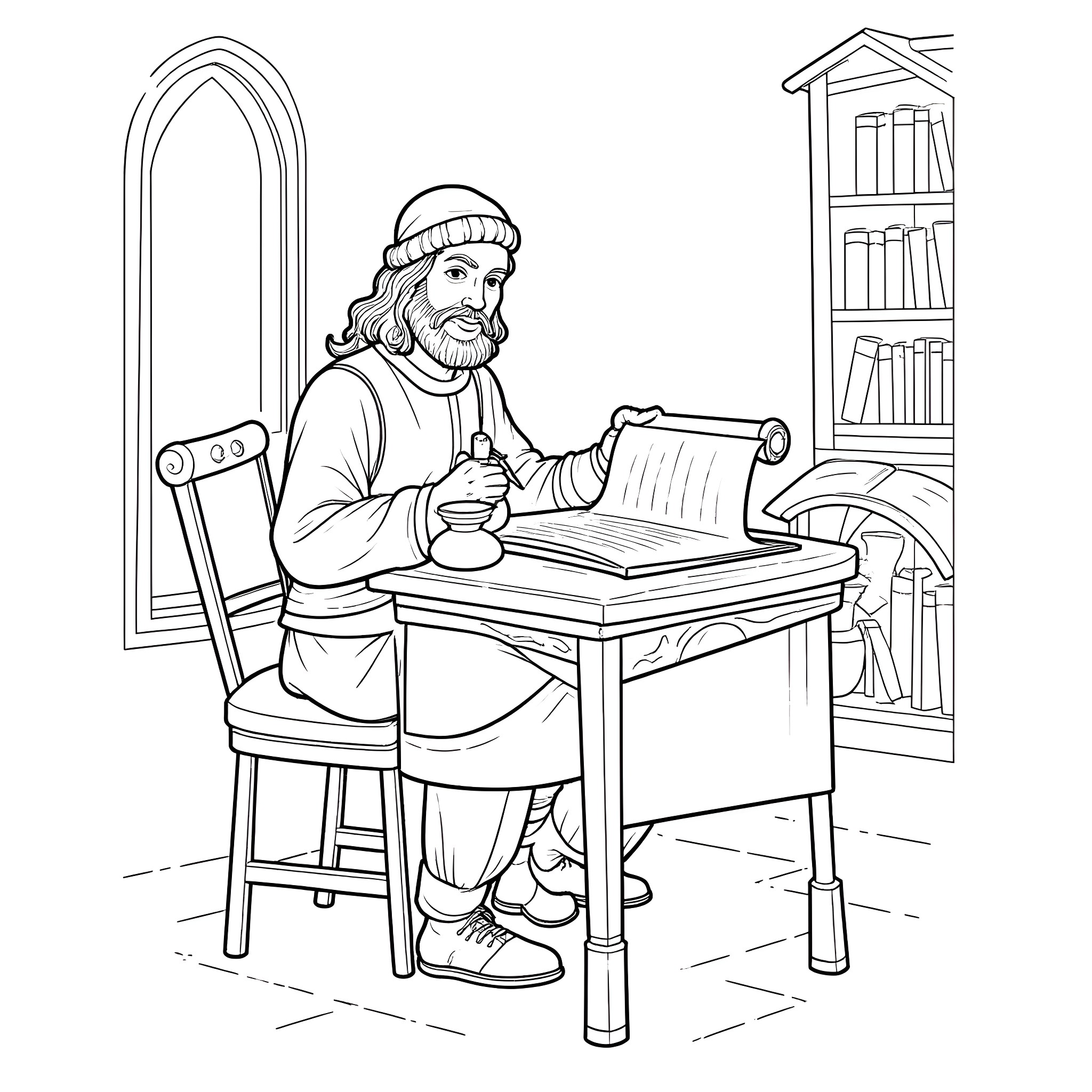Scribe writing diligently in medieval study Coloring Page (free black-and-white line drawing printable PDF for all, from beginners to advanced learners, including children, teens, adults, and seniors)
