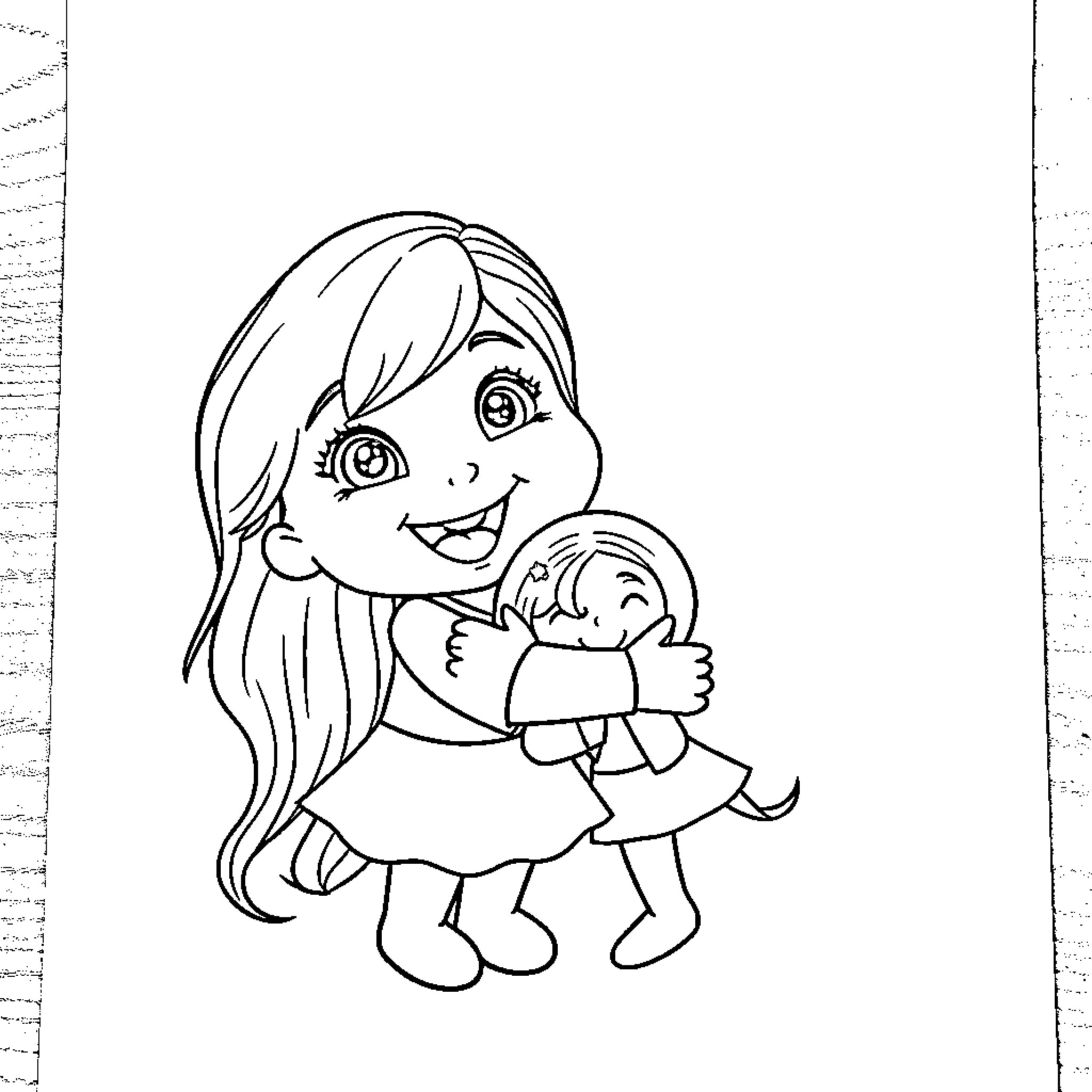 Gaby's Cheerful Embrace with Her Cherished Doll Coloring Page (free black-and-white line drawing printable PDF for all, from beginners to advanced learners, including children, teens, adults, and seniors)