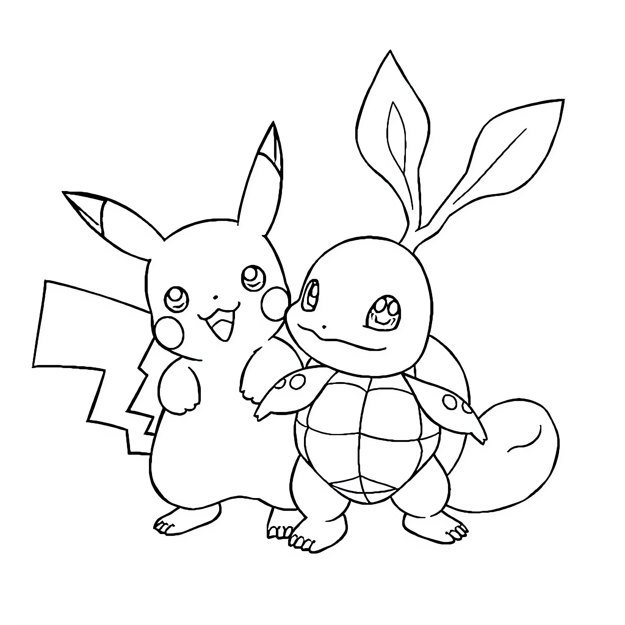 Pikachu and Squirtle playing together Coloring Page (free black-and-white line drawing printable PDF for all, from beginners to advanced learners, including children, teens, adults, and seniors)