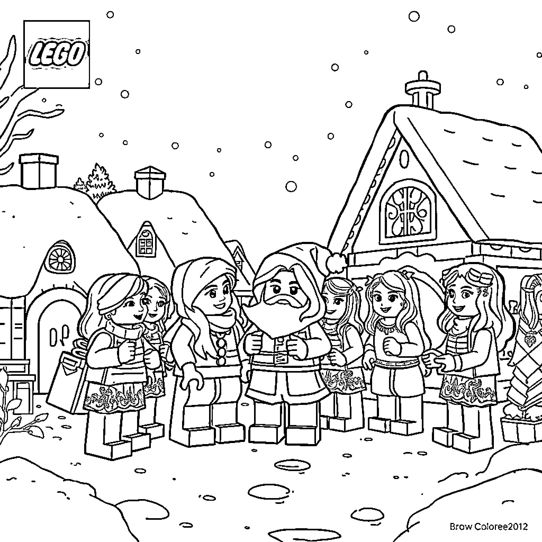 Lego Friends exploring a winter wonderland scene Coloring Page (free black-and-white line drawing printable PDF for all, from beginners to advanced learners, including children, teens, adults, and seniors)