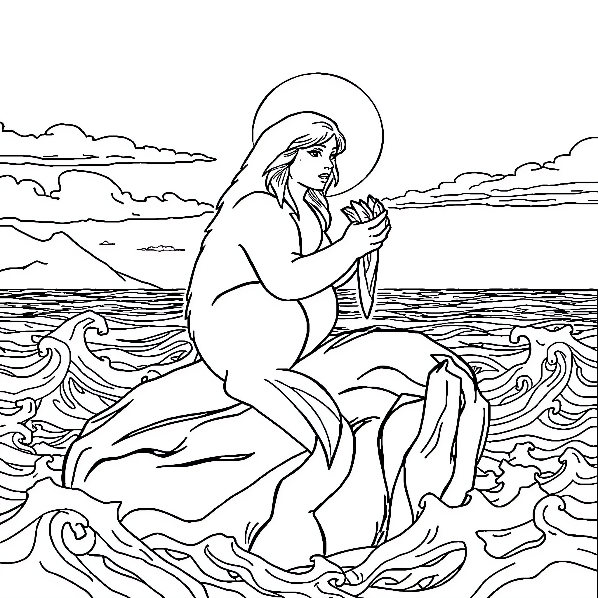 Mermaid praying in the serene ocean Coloring Page (free black-and-white line drawing printable PDF for all, from beginners to advanced learners, including children, teens, adults, and seniors)