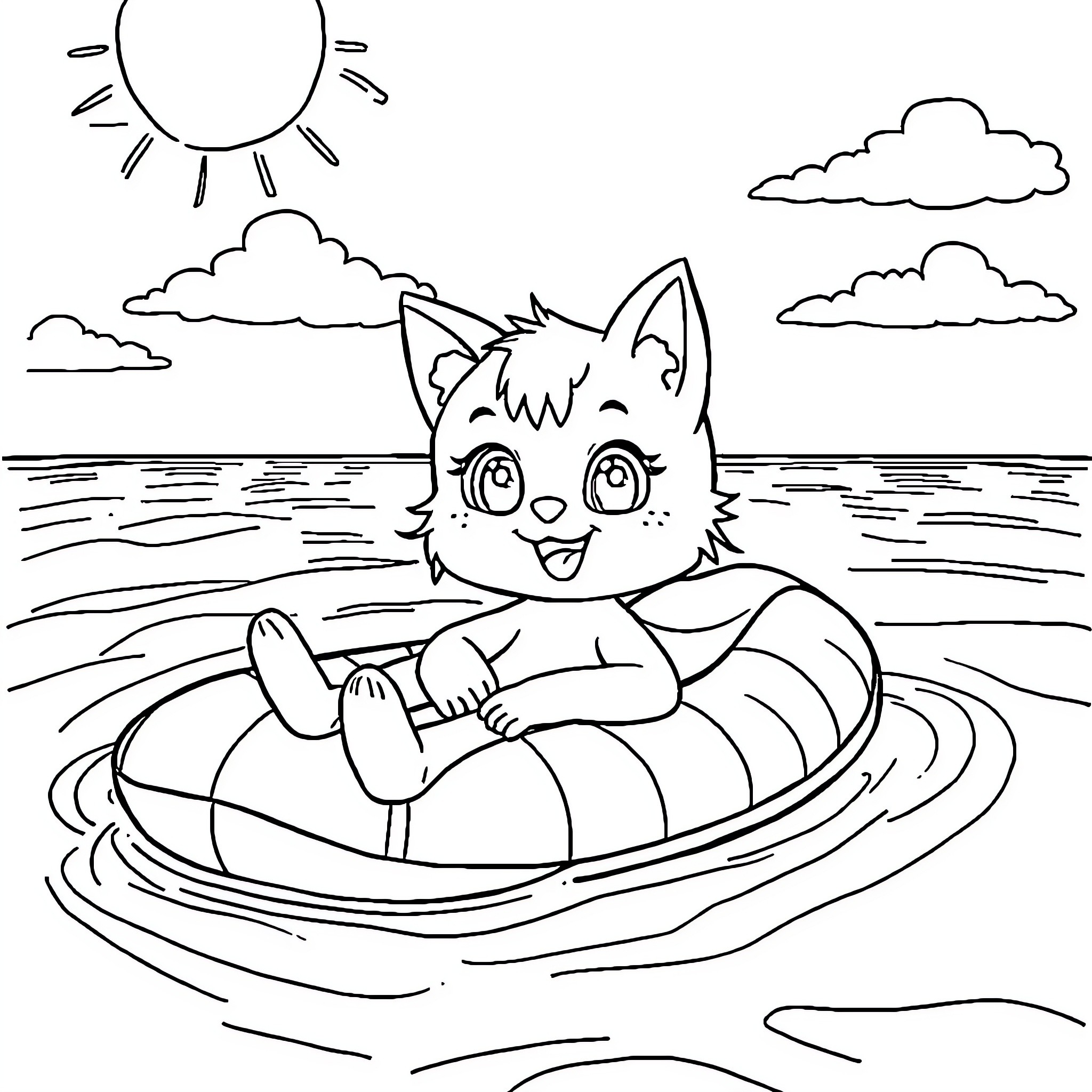 Kat relaxing on a float in the ocean Coloring Page (free black-and-white line drawing printable PDF for all, from beginners to advanced learners, including children, teens, adults, and seniors)