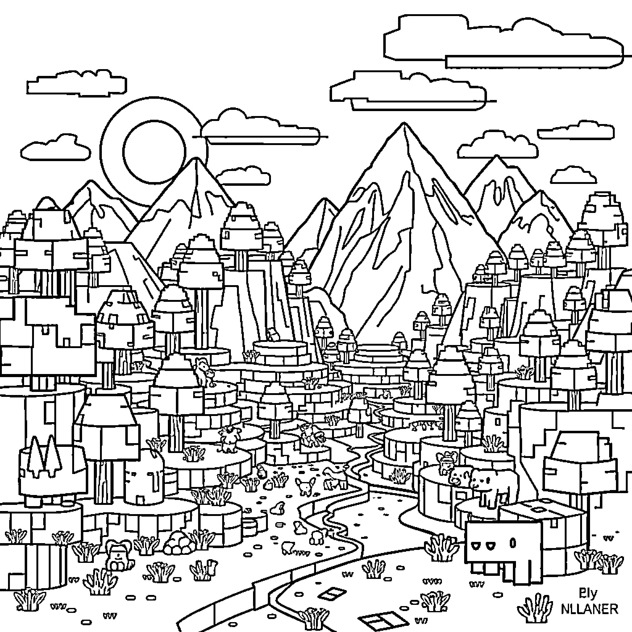Minecraft Landscape with Mountainous Terrain and Cityscape Coloring Page (free black-and-white line drawing printable PDF for all, from beginners to advanced learners, including children, teens, adults, and seniors)