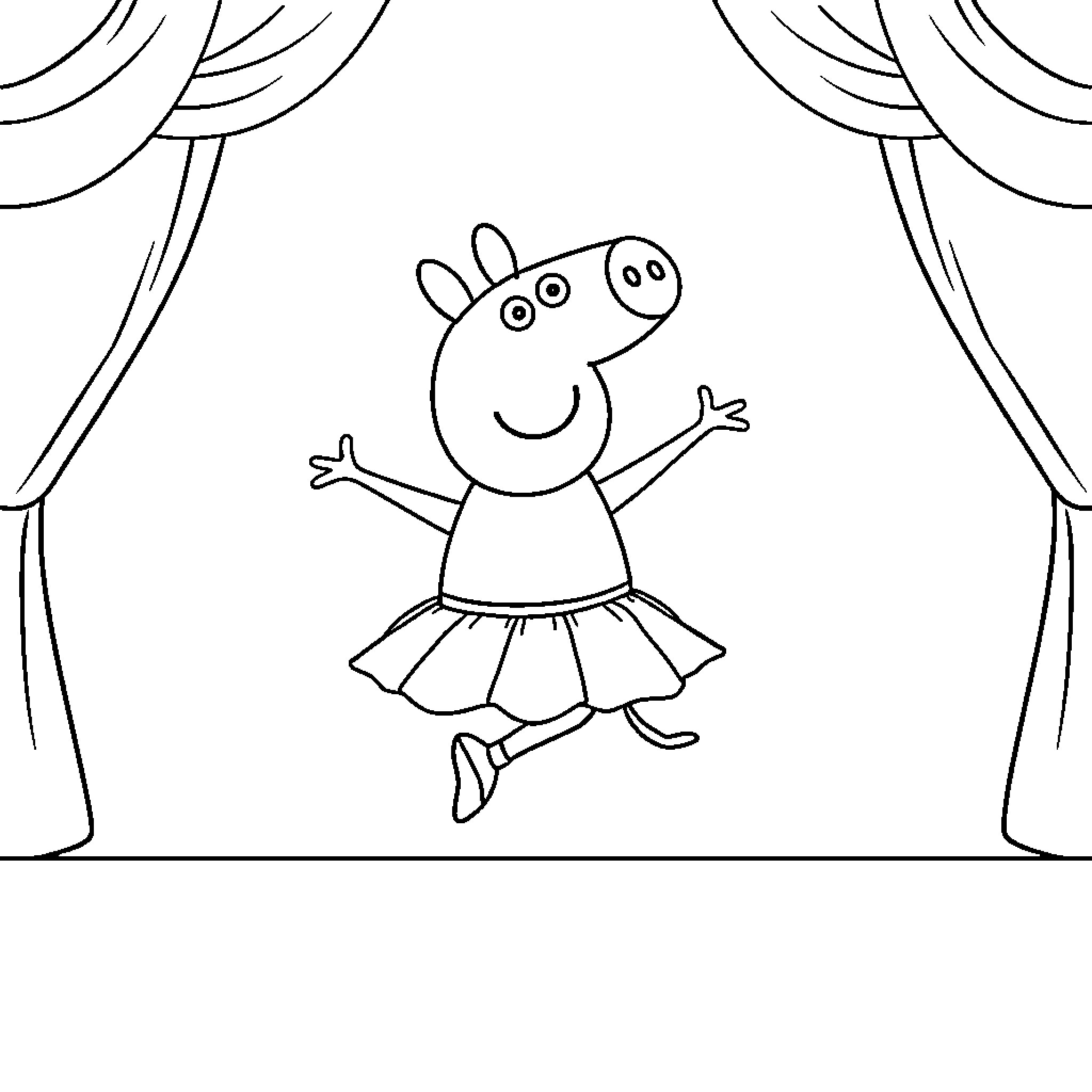 Peppa Pig in a cheerful stage performance Coloring Page (free black-and-white line drawing printable PDF for all, from beginners to advanced learners, including children, teens, adults, and seniors)