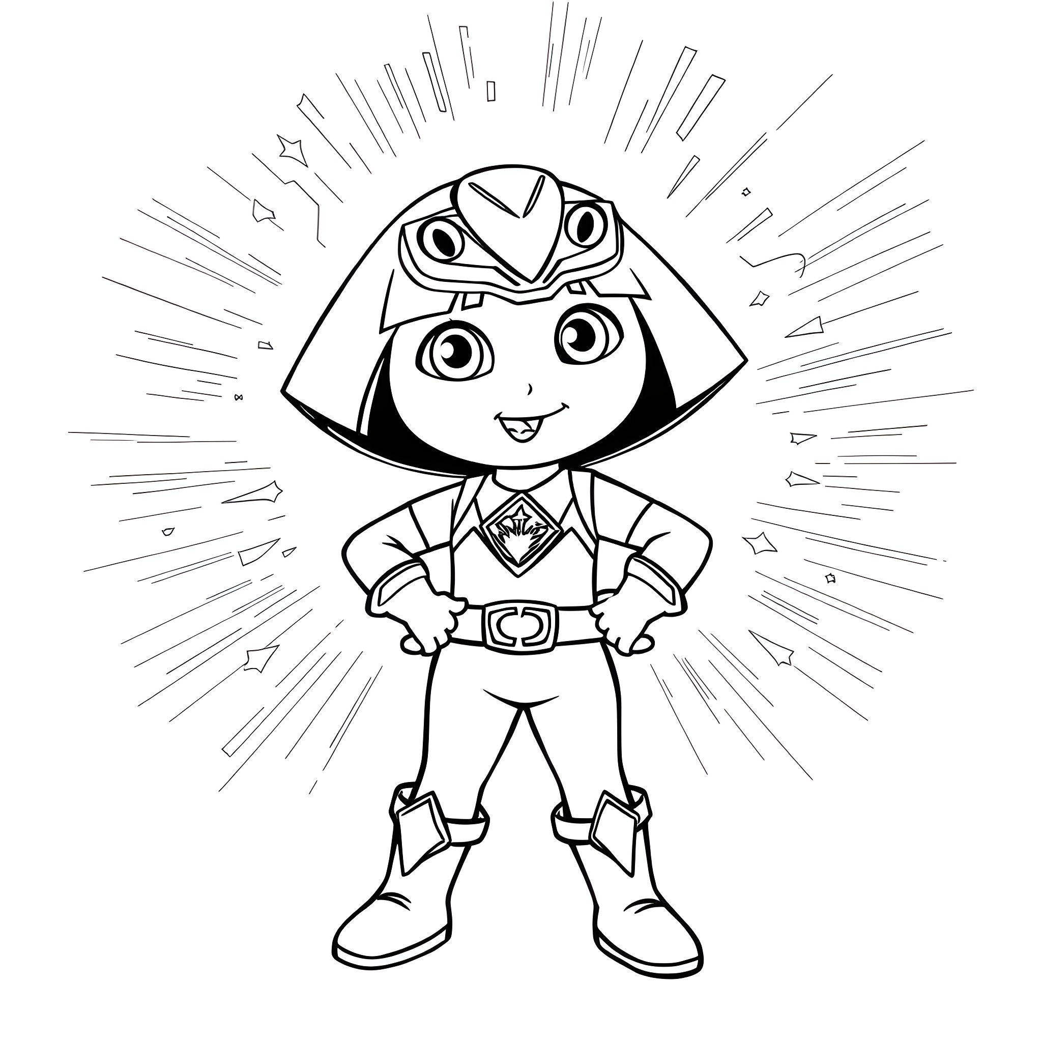 Dora the Explorer in a superhero outfit Coloring Page (free black-and-white line drawing printable PDF for all, from beginners to advanced learners, including children, teens, adults, and seniors)