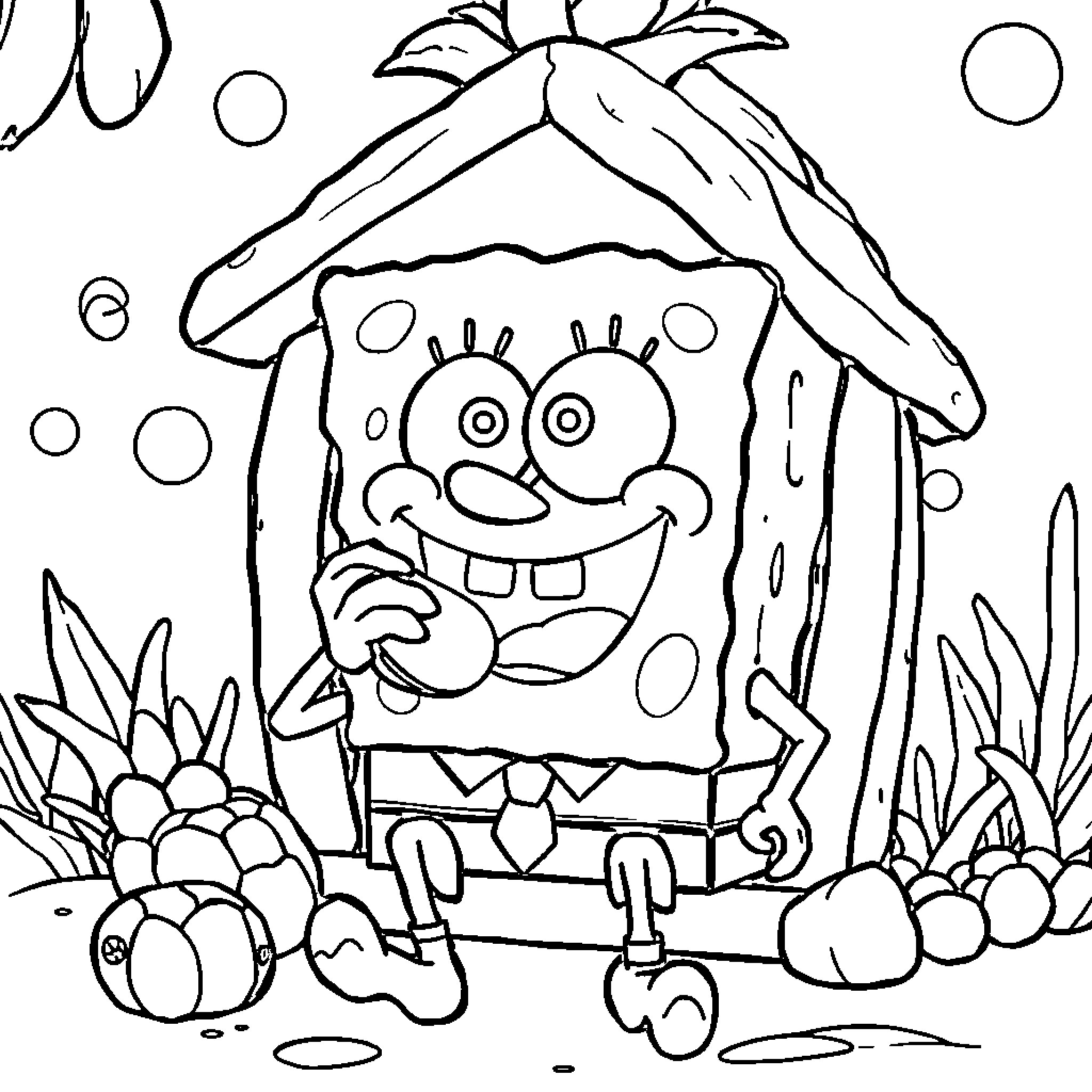Spongebob enjoying nature in the outdoors Coloring Page (free black-and-white line drawing printable PDF for all, from beginners to advanced learners, including children, teens, adults, and seniors)