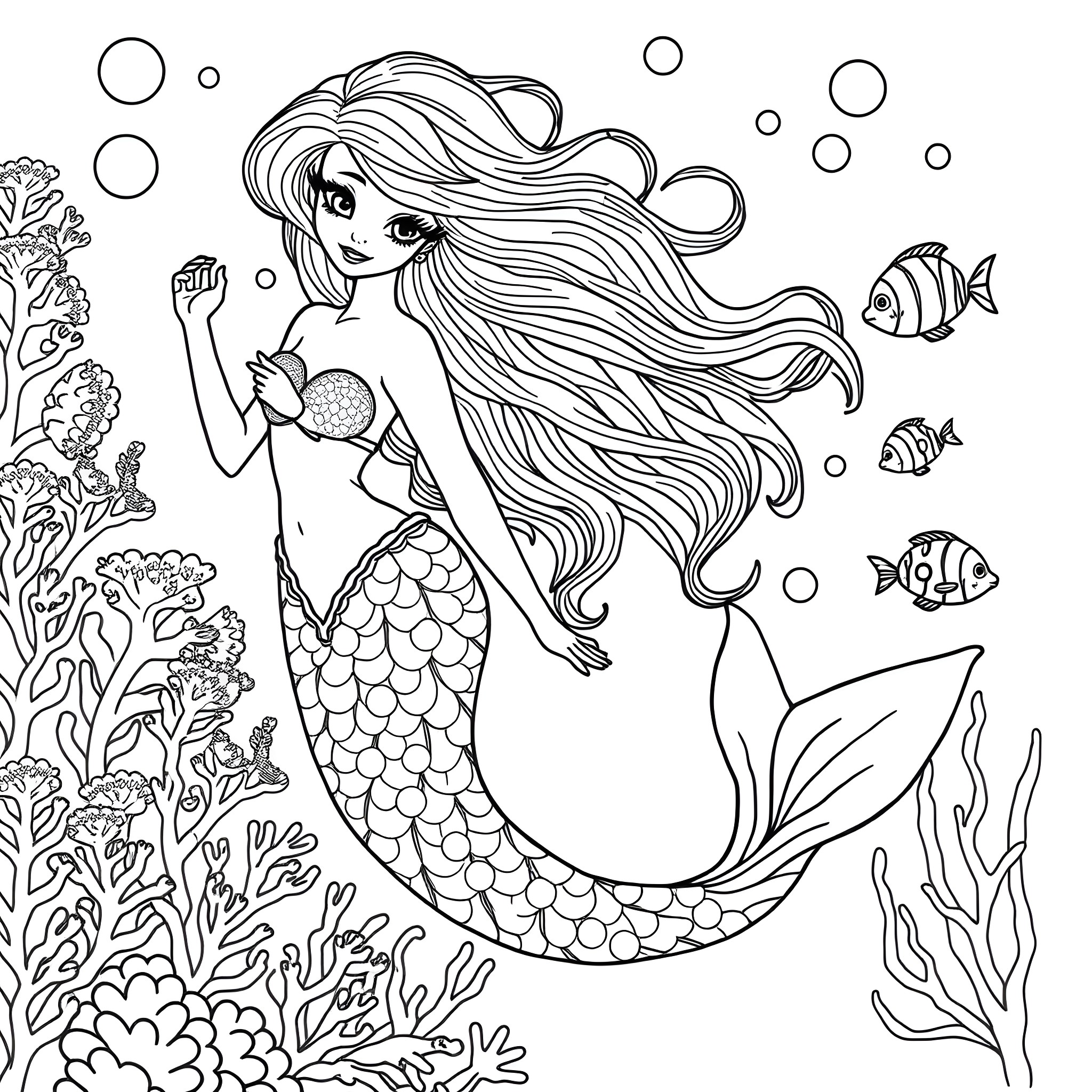 Ariel the Mermaid Exploring the Underwater World Coloring Page (free black-and-white line drawing printable PDF for all, from beginners to advanced learners, including children, teens, adults, and seniors)