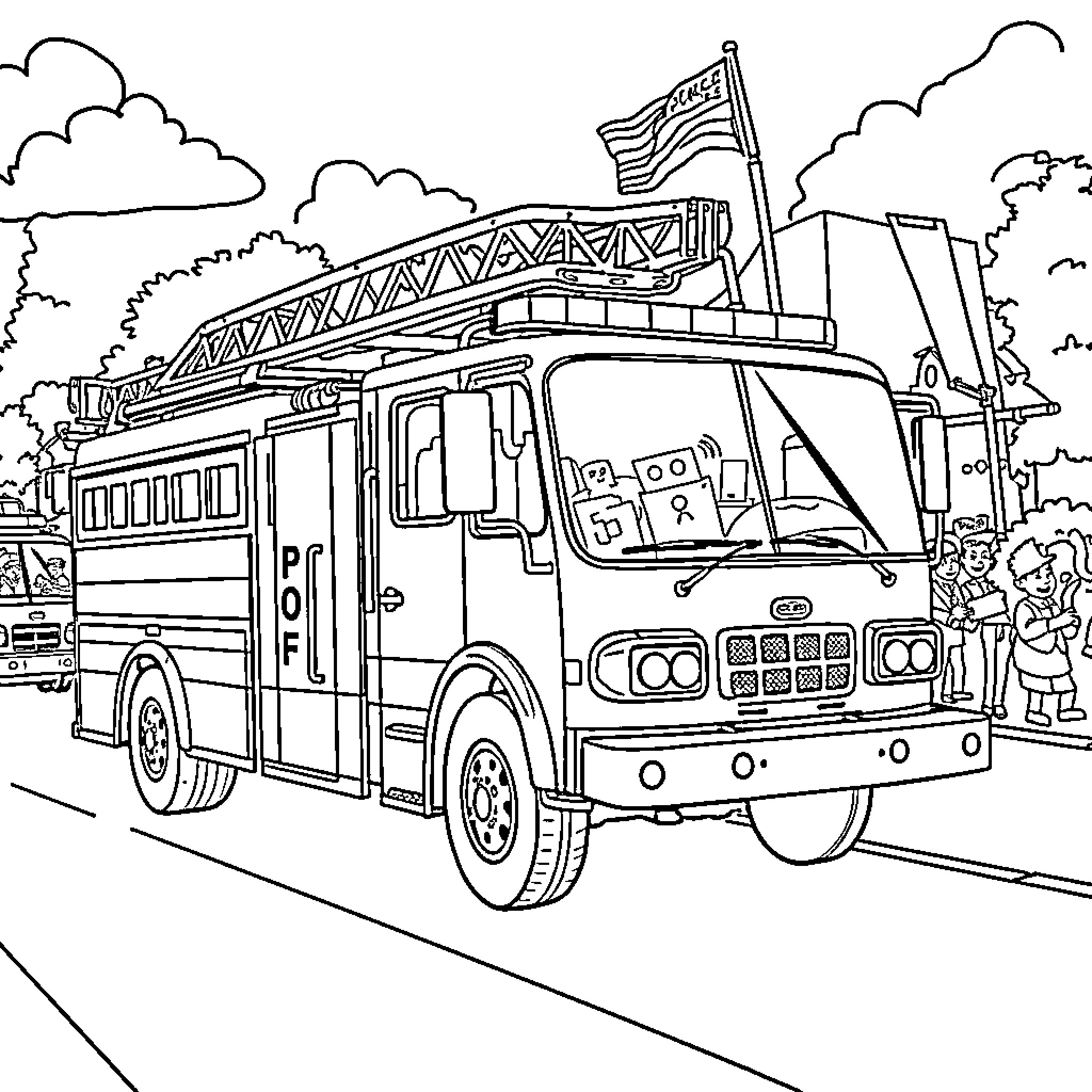Firetruck responding to an emergency call Coloring Page (free black-and-white line drawing printable PDF for all, from beginners to advanced learners, including children, teens, adults, and seniors)