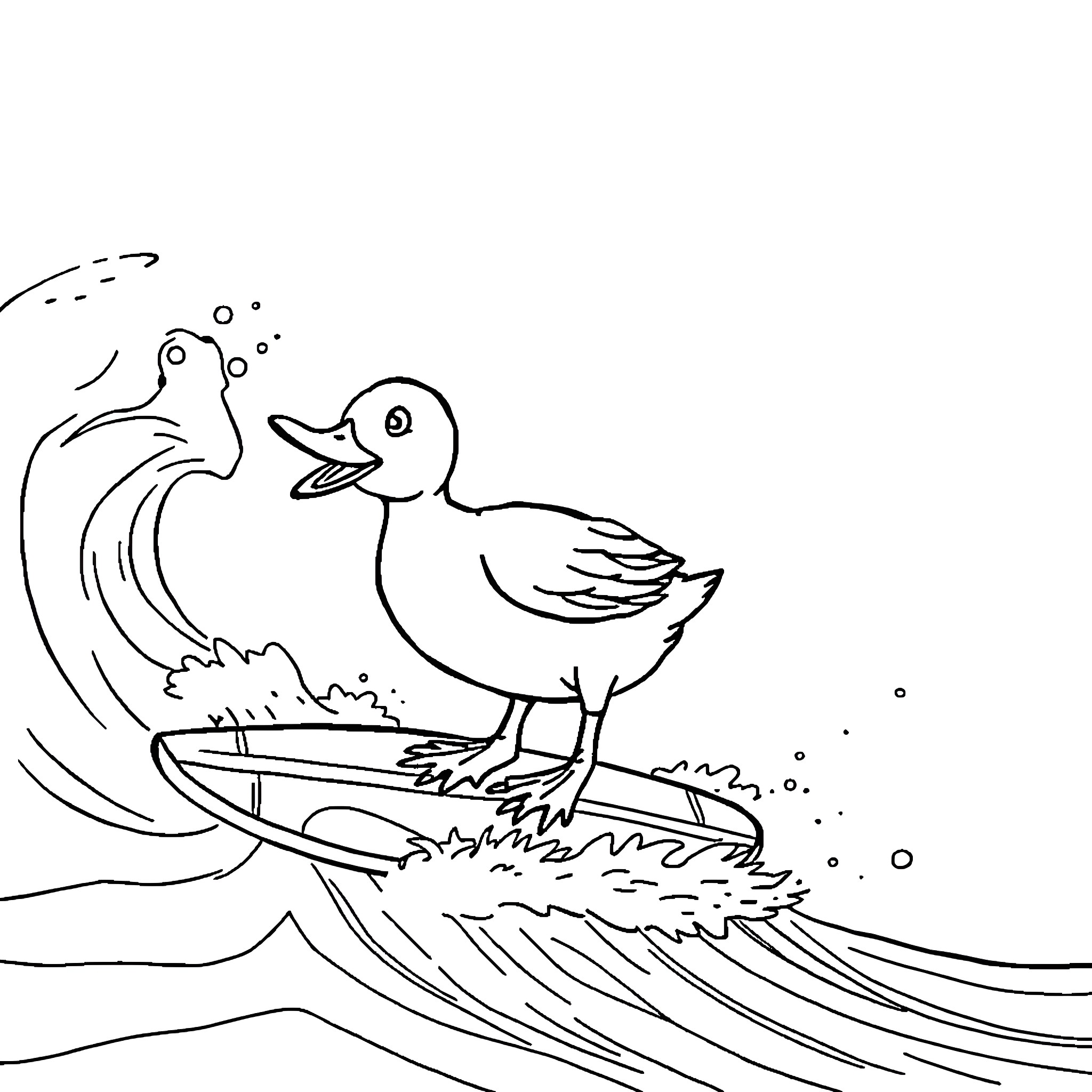 Duck swimming playfully through the waves Coloring Page (free black-and-white line drawing printable PDF for all, from beginners to advanced learners, including children, teens, adults, and seniors)