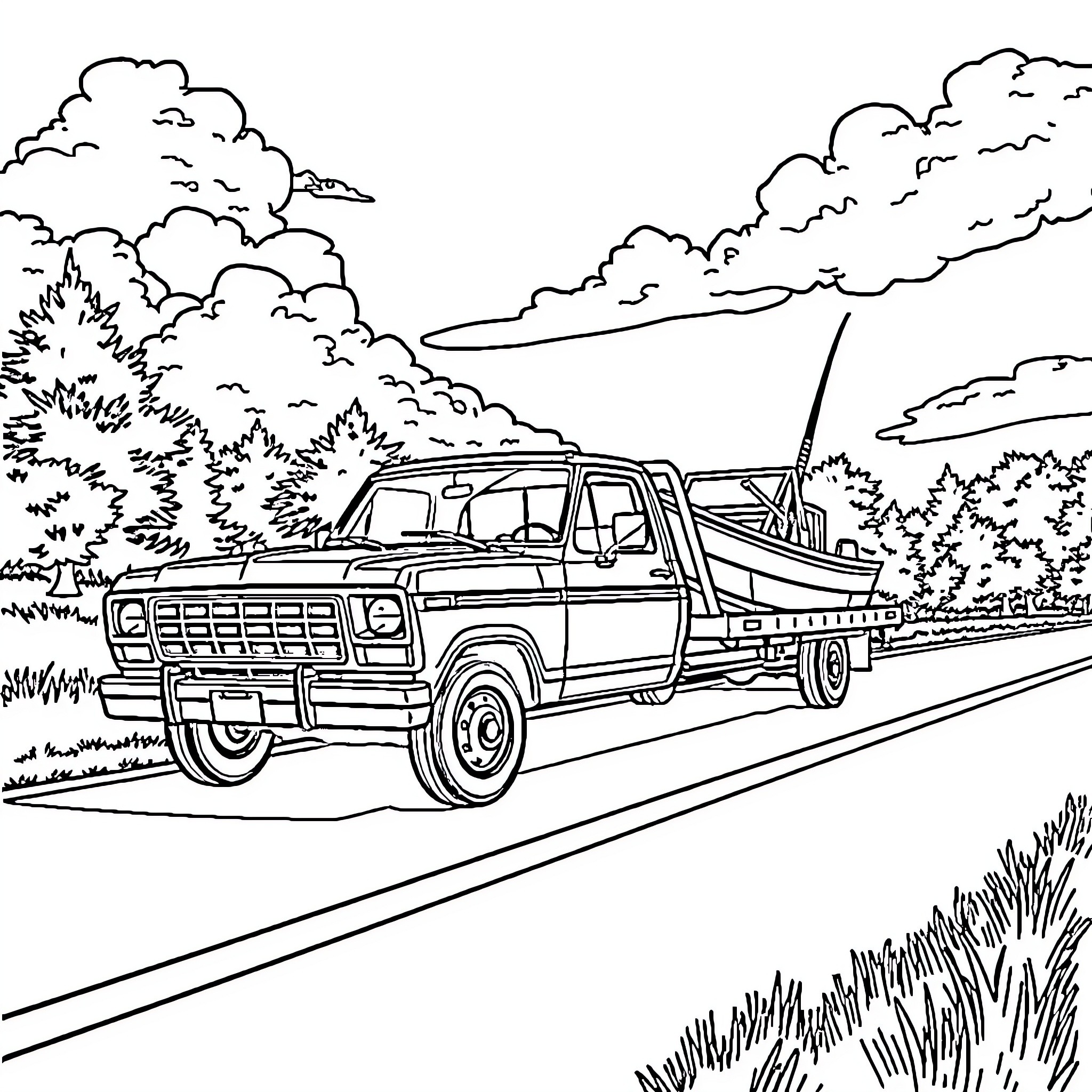 Ford F-250 truck on a rural road surrounded by nature Coloring Page (free black-and-white line drawing printable PDF for all, from beginners to advanced learners, including children, teens, adults, and seniors)