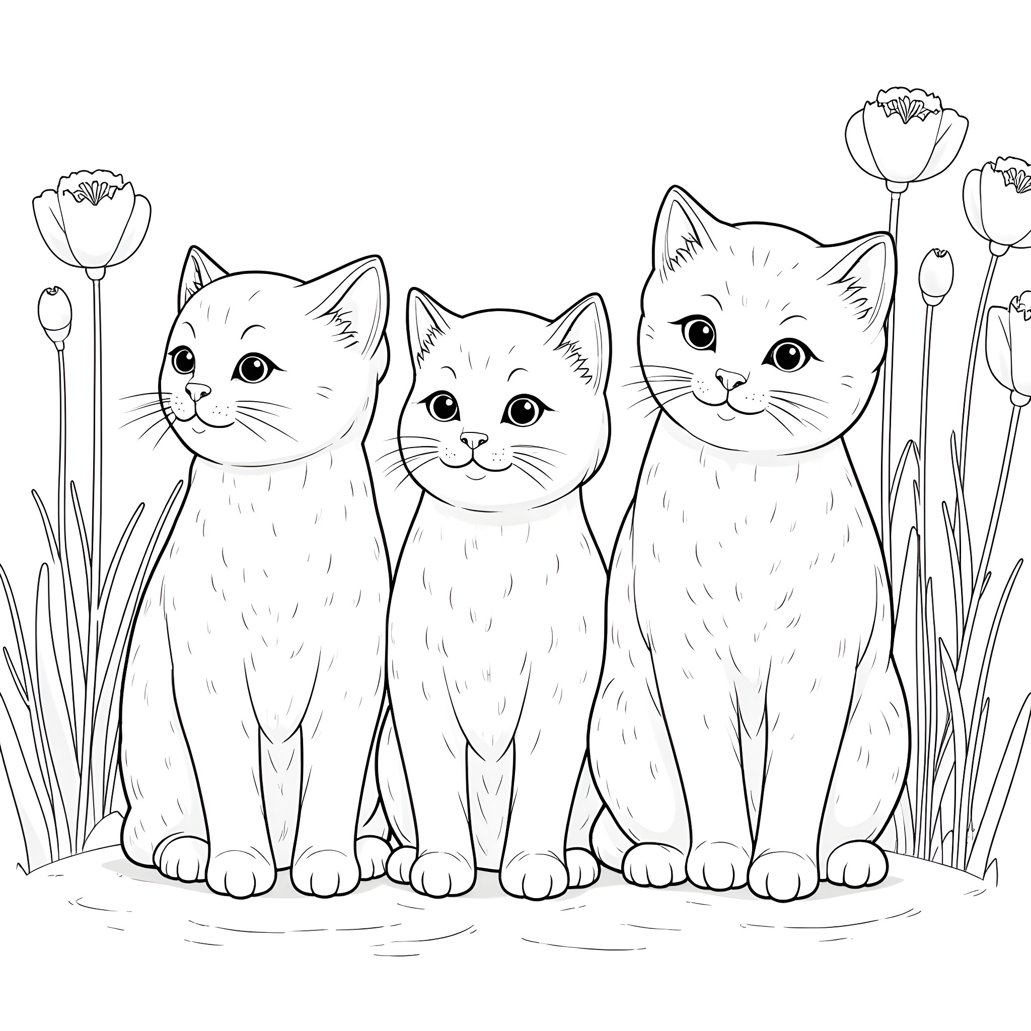 Kittens amidst flowers in the garden Coloring Page (free black-and-white line drawing printable PDF for all, from beginners to advanced learners, including children, teens, adults, and seniors)