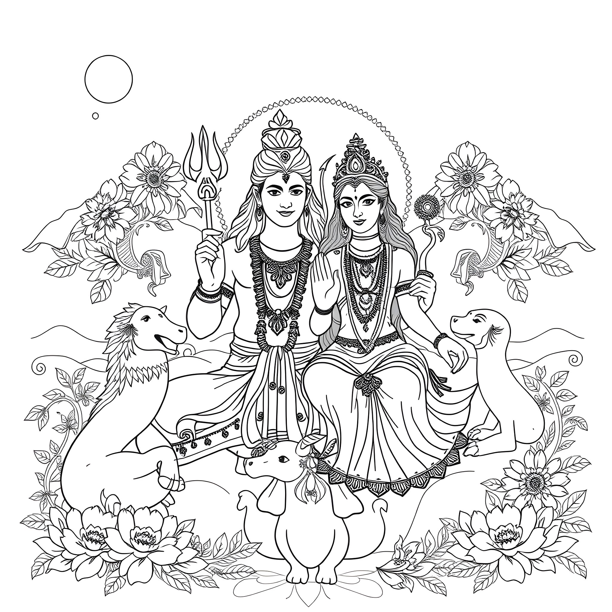Shivji and Shakti: A Serene Cosmic Dance Coloring Page (free black-and-white line drawing printable PDF for all, from beginners to advanced learners, including children, teens, adults, and seniors)