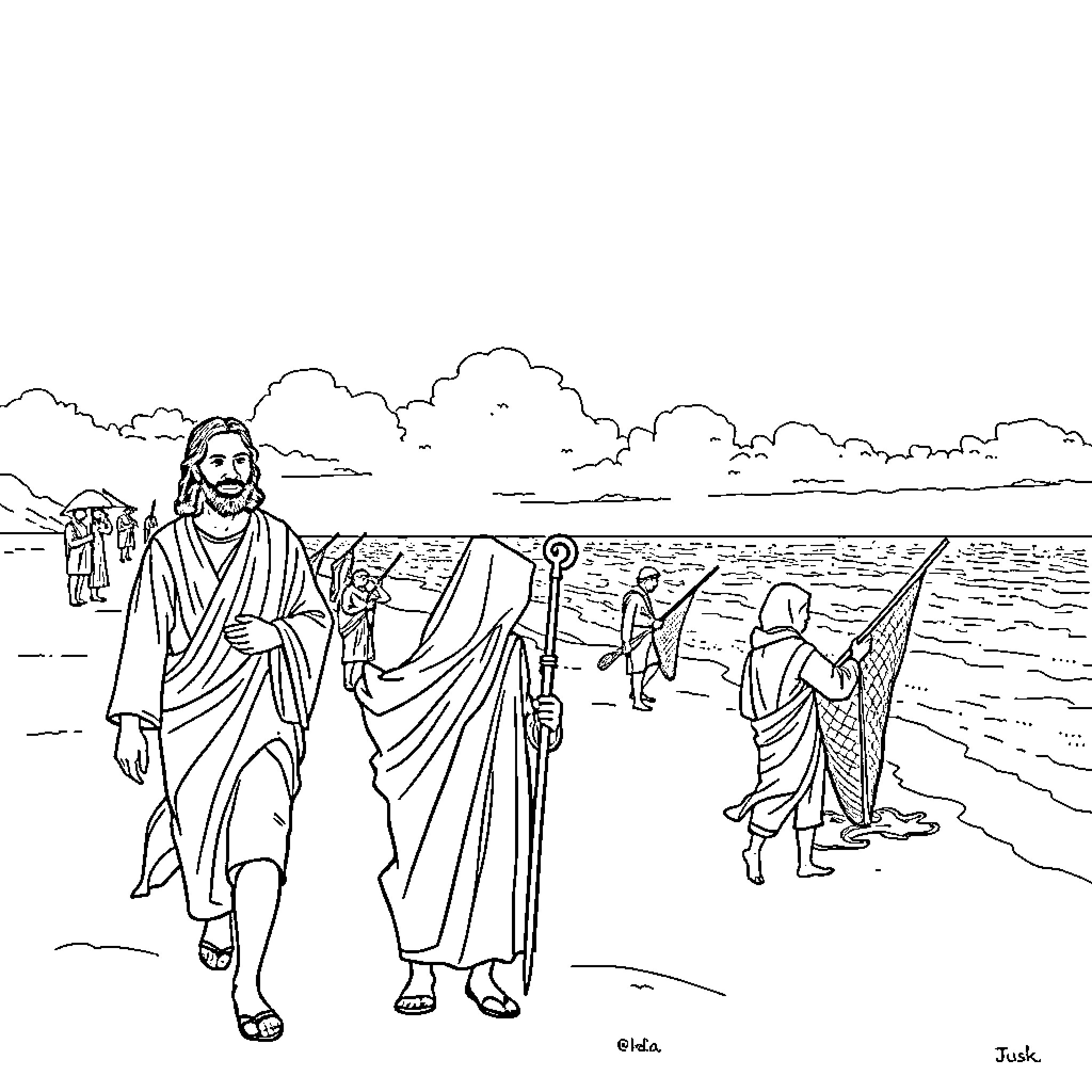 Jesus walking by the sea with disciples Coloring Page (free black-and-white line drawing printable PDF for all, from beginners to advanced learners, including children, teens, adults, and seniors)