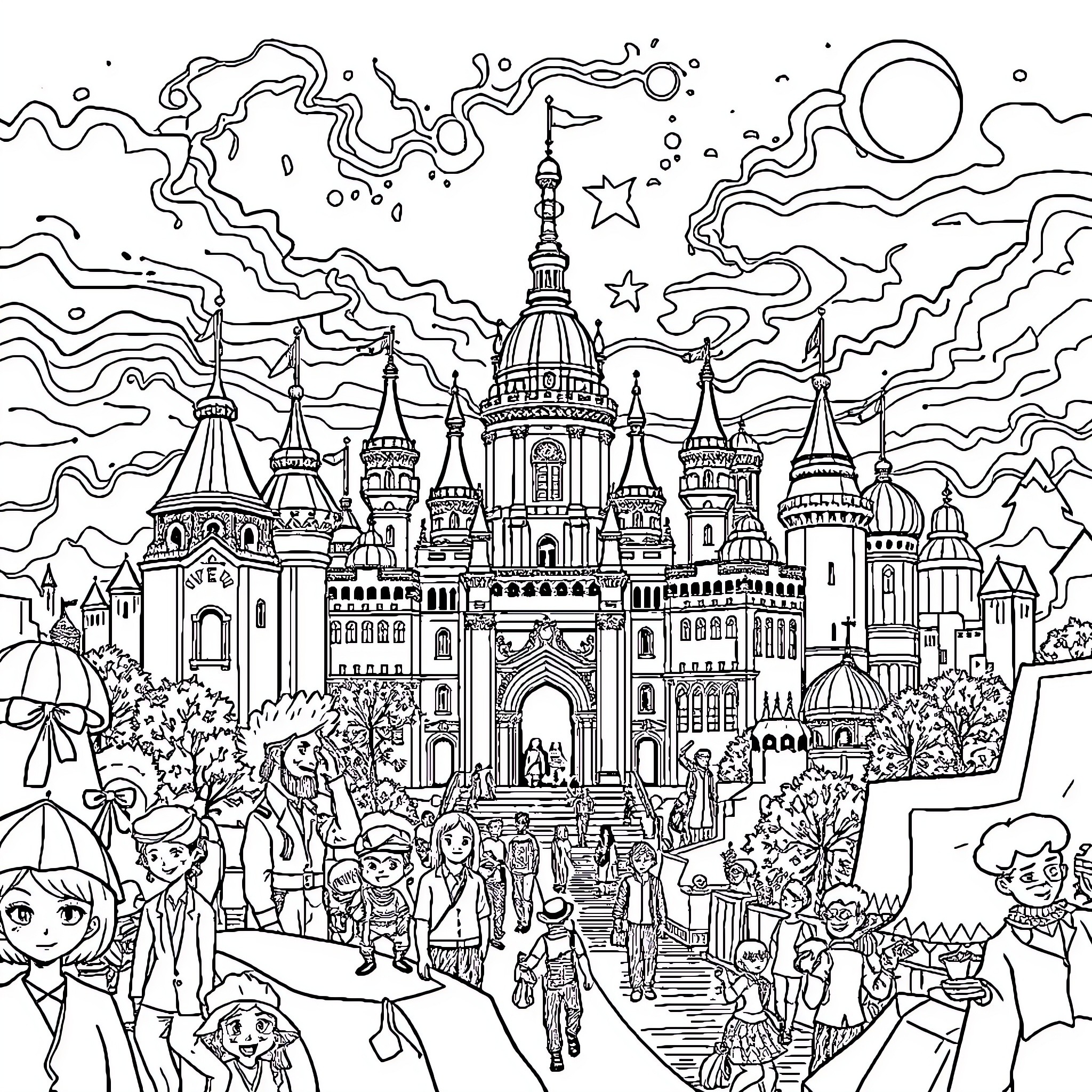 Life in a Whimsical Fantasy Kingdom Coloring Page (free black-and-white line drawing printable PDF for all, from beginners to advanced learners, including children, teens, adults, and seniors)