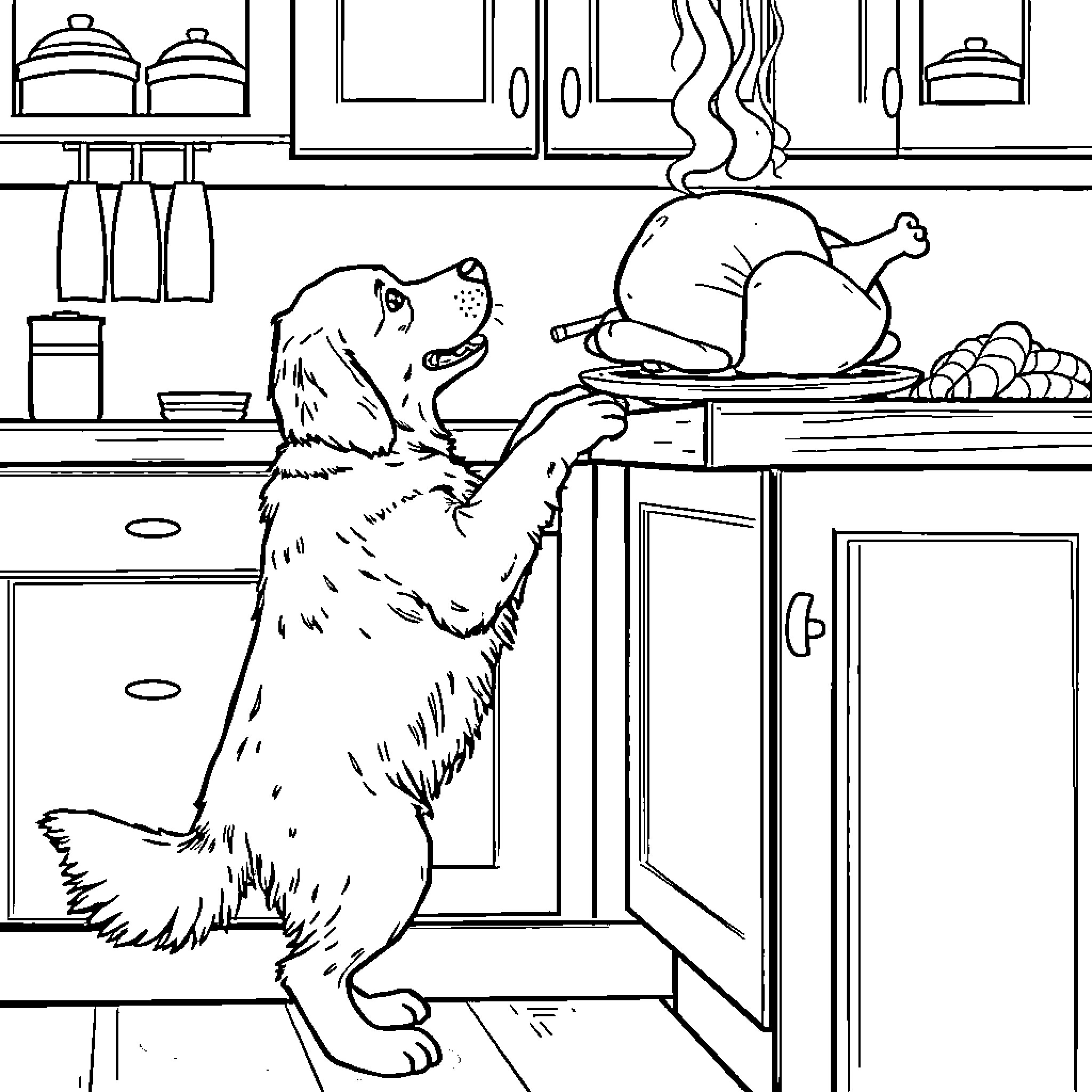 Golden Retriever Eagerly Awaiting Thanksgiving Meal Coloring Page (free black-and-white line drawing printable PDF for all, from beginners to advanced learners, including children, teens, adults, and seniors)