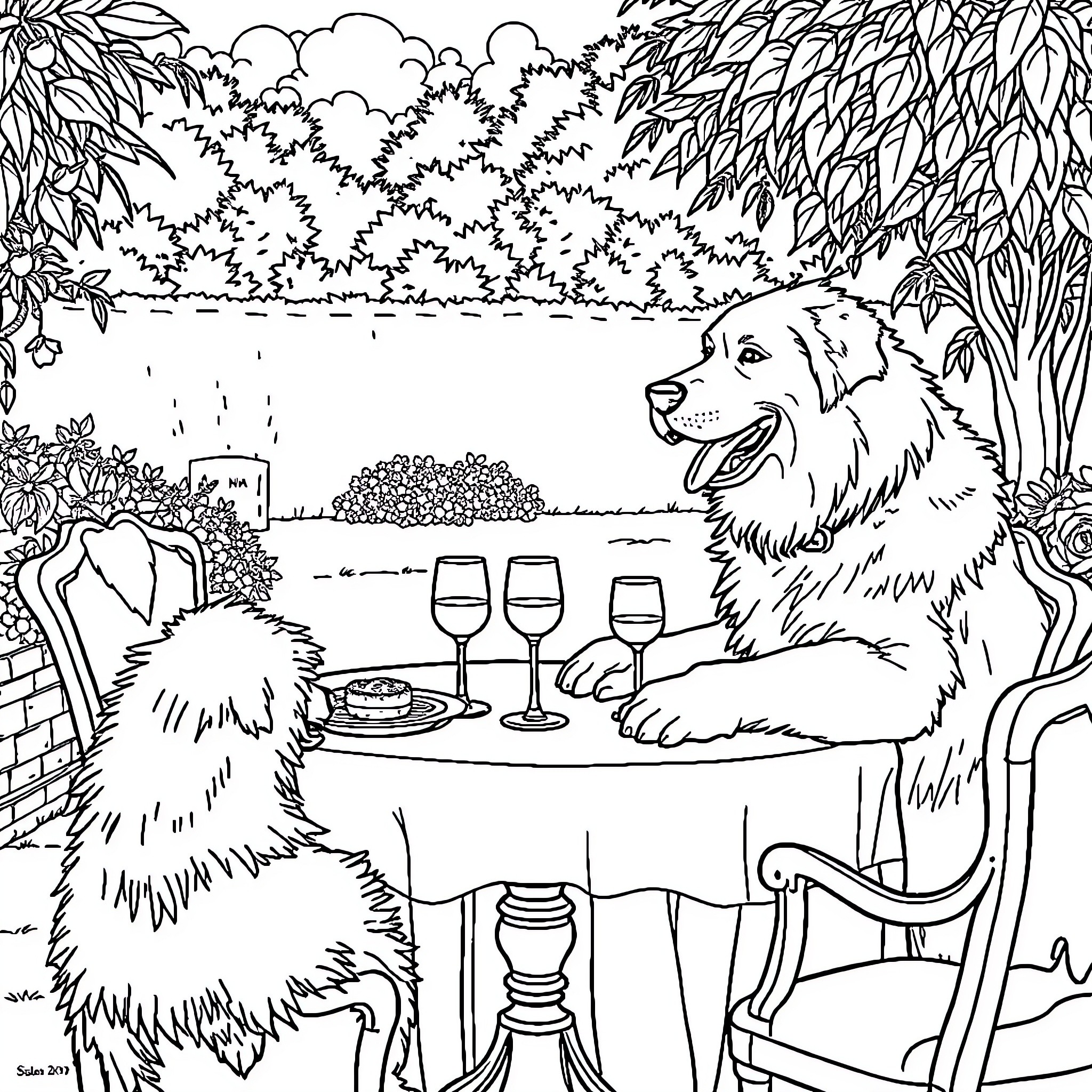 Great Pyrenees dogs enjoying picnic in garden Coloring Page (free black-and-white line drawing printable PDF for all, from beginners to advanced learners, including children, teens, adults, and seniors)