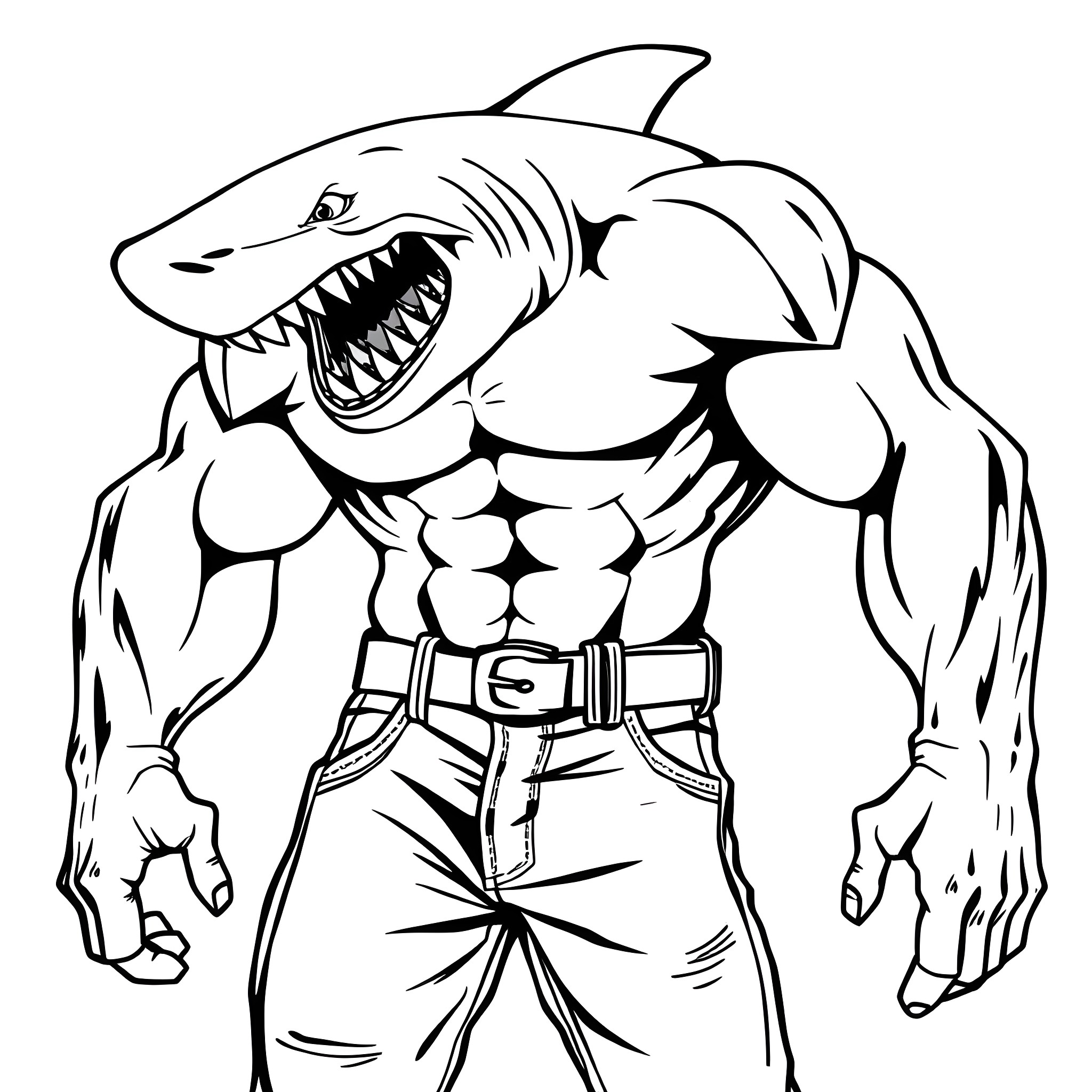 Shark warrior flexing muscles in attack pose Coloring Page (free black-and-white line drawing printable PDF for all, from beginners to advanced learners, including children, teens, adults, and seniors)
