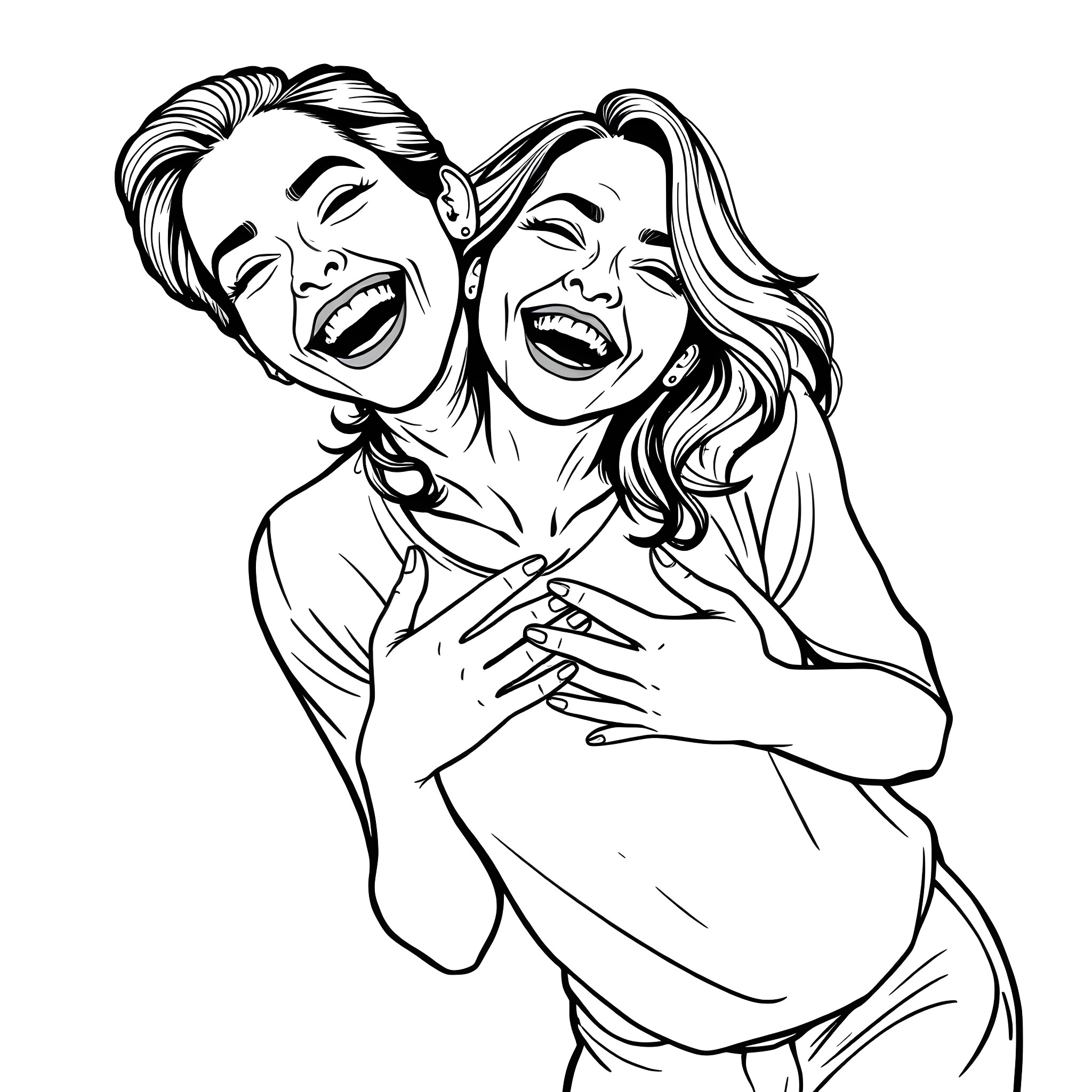 Woman enjoying a joyful embrace with friend Coloring Page (free black-and-white line drawing printable PDF for all, from beginners to advanced learners, including children, teens, adults, and seniors)