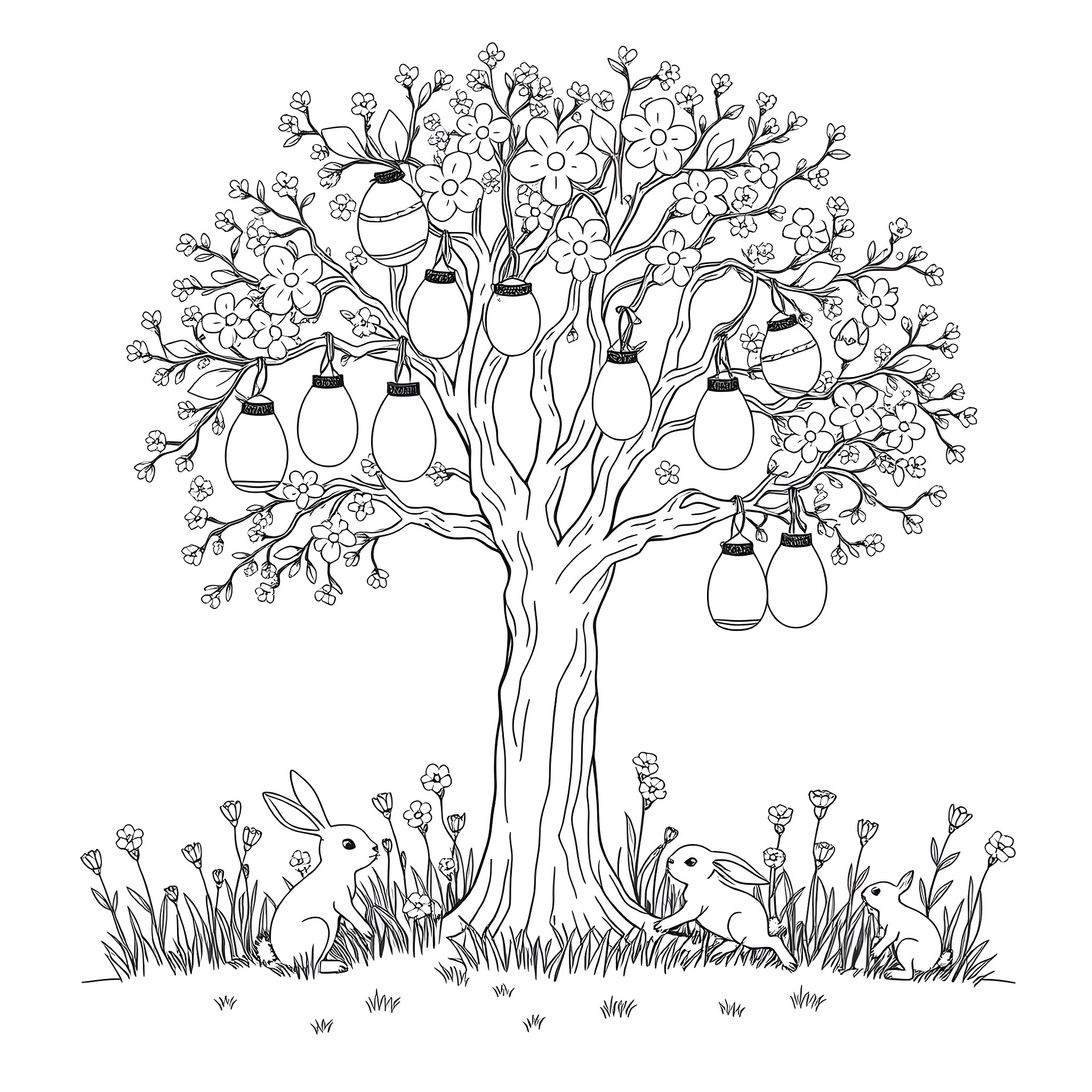 Tree with hanging lanterns and flowers in the meadow Coloring Page (free black-and-white line drawing printable PDF for all, from beginners to advanced learners, including children, teens, adults, and seniors)