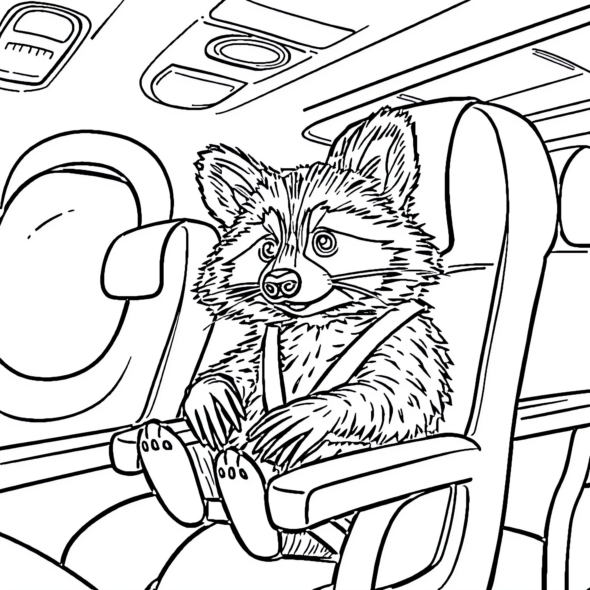 Raccoon driving a car safely Coloring Page (free black-and-white line drawing printable PDF for all, from beginners to advanced learners, including children, teens, adults, and seniors)