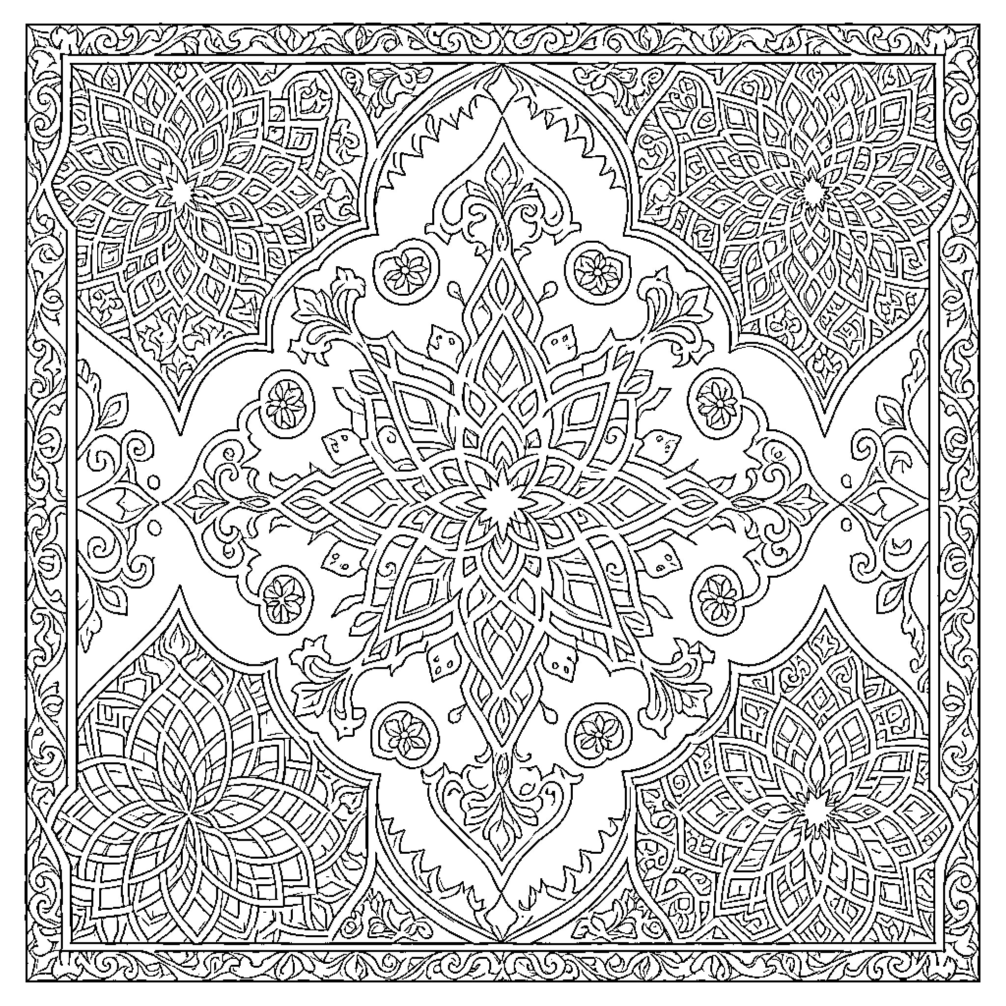 Islamic Intricate Floral Pattern and Ornamental Design Coloring Page (free black-and-white line drawing printable PDF for all, from beginners to advanced learners, including children, teens, adults, and seniors)