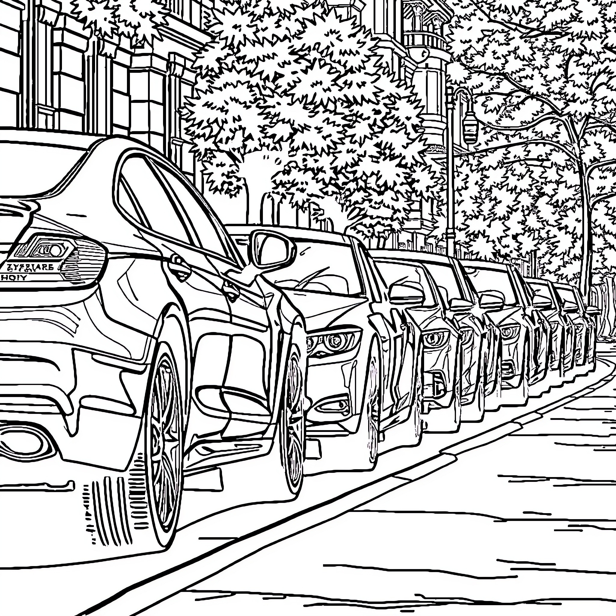 Car parked in busy city street surrounded by trees Coloring Page (free black-and-white line drawing printable PDF for all, from beginners to advanced learners, including children, teens, adults, and seniors)