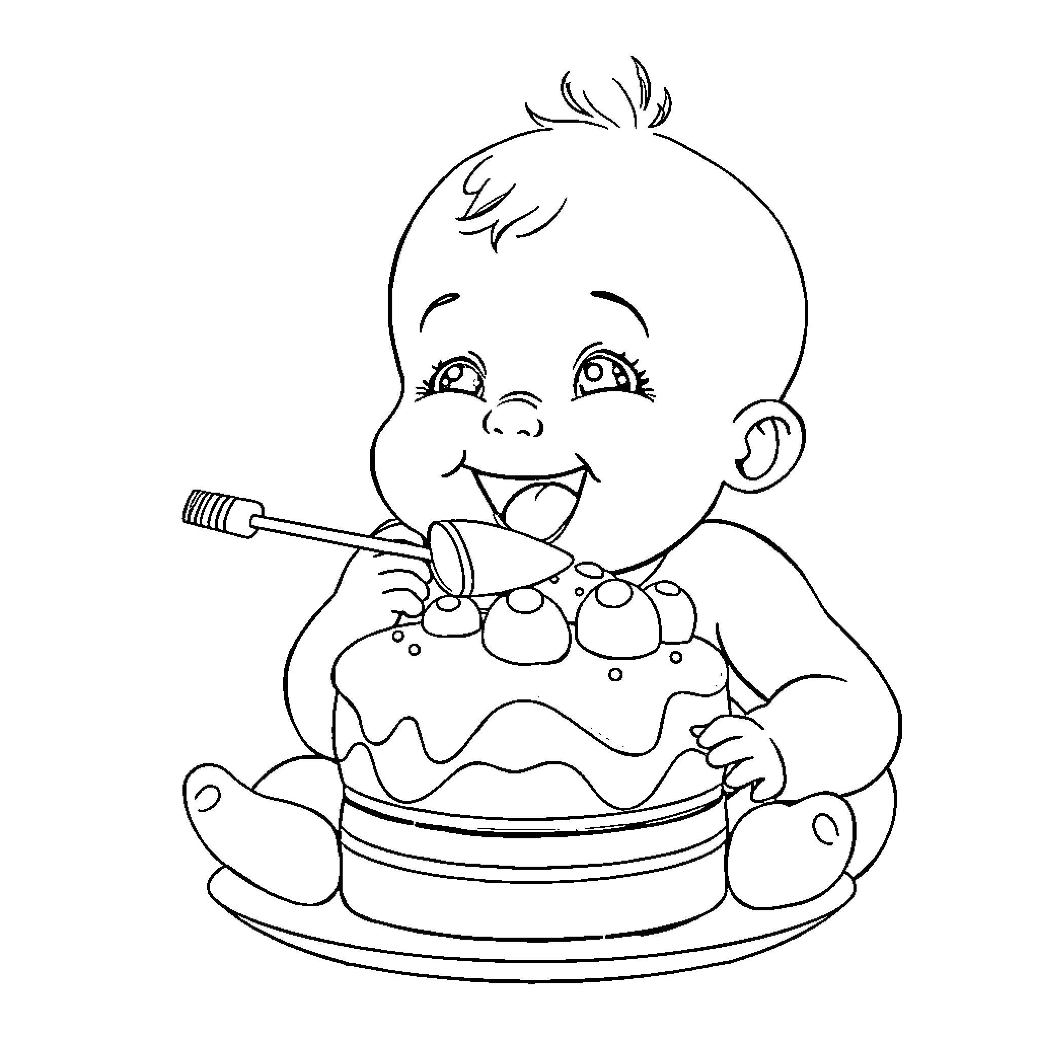 Baby enjoying a birthday cake Coloring Page (free black-and-white line drawing printable PDF for all, from beginners to advanced learners, including children, teens, adults, and seniors)