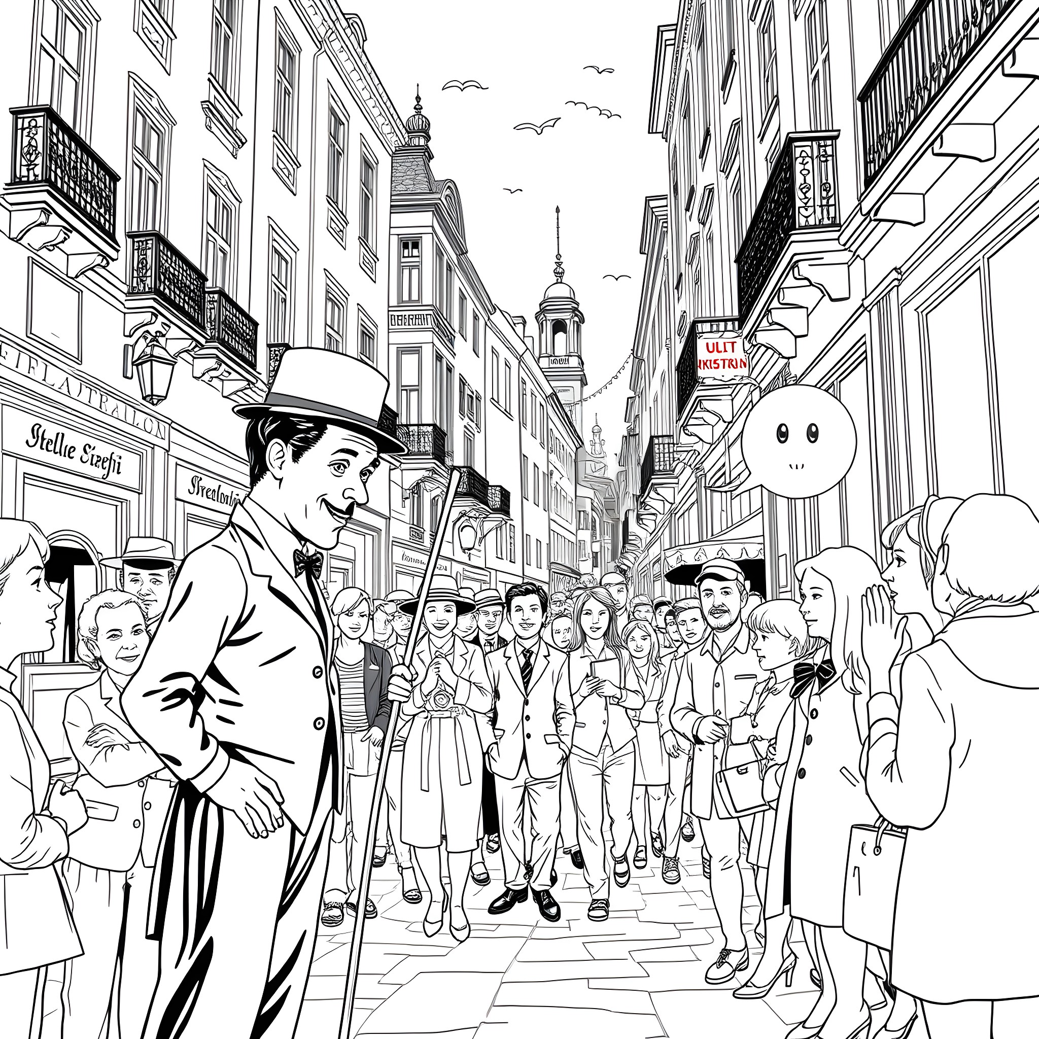 Charlie Chaplin's Comical Crowd in a Bustling City Street Coloring Page (free black-and-white line drawing printable PDF for all, from beginners to advanced learners, including children, teens, adults, and seniors)