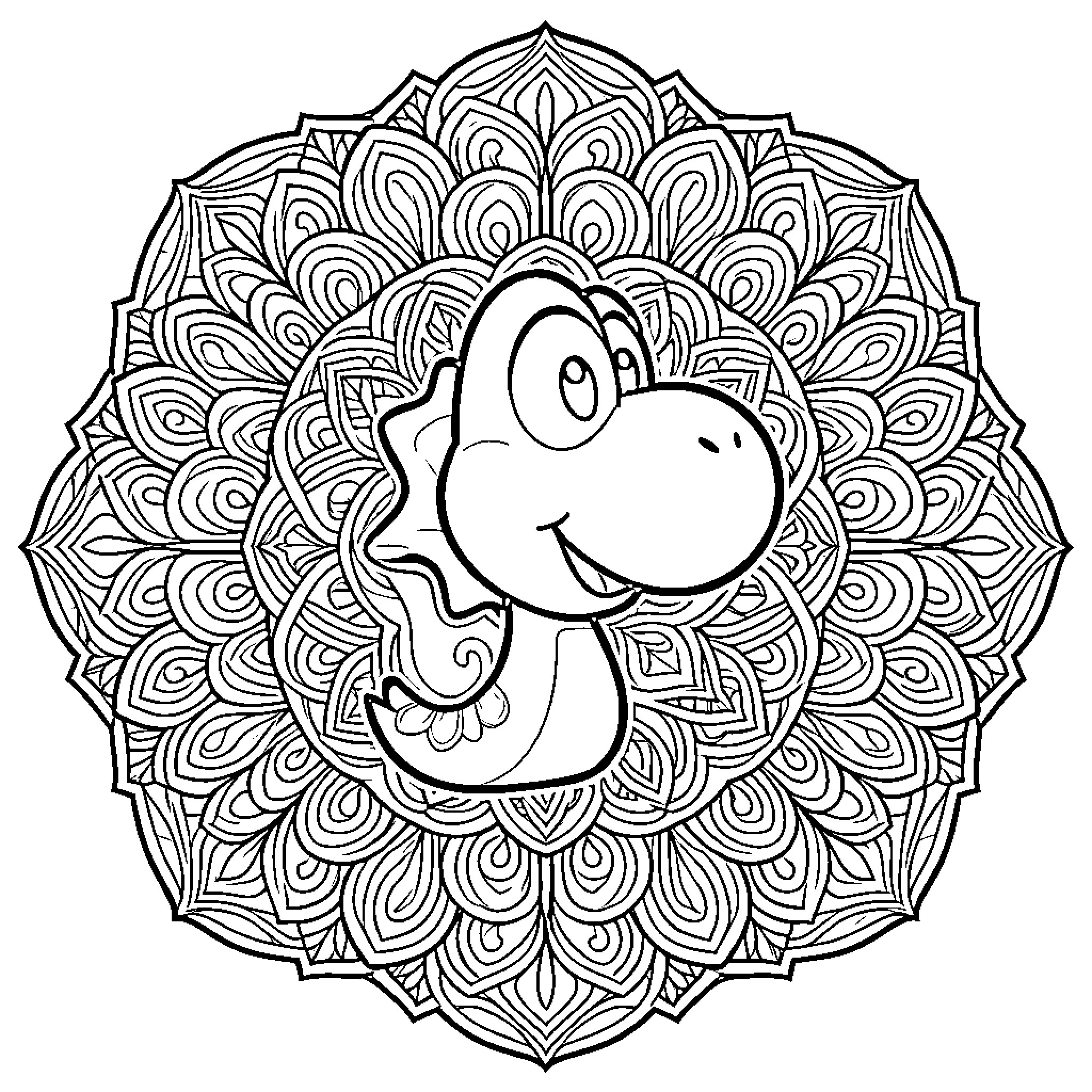 Yoshi smiling amidst a beautiful mandala pattern Coloring Page (free black-and-white line drawing printable PDF for all, from beginners to advanced learners, including children, teens, adults, and seniors)