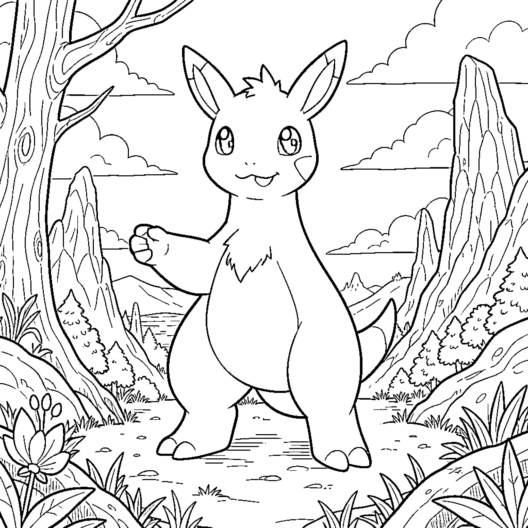 Legendary Pokemon standing playfully in a natural landscape Coloring Page (free black-and-white line drawing printable PDF for all, from beginners to advanced learners, including children, teens, adults, and seniors)