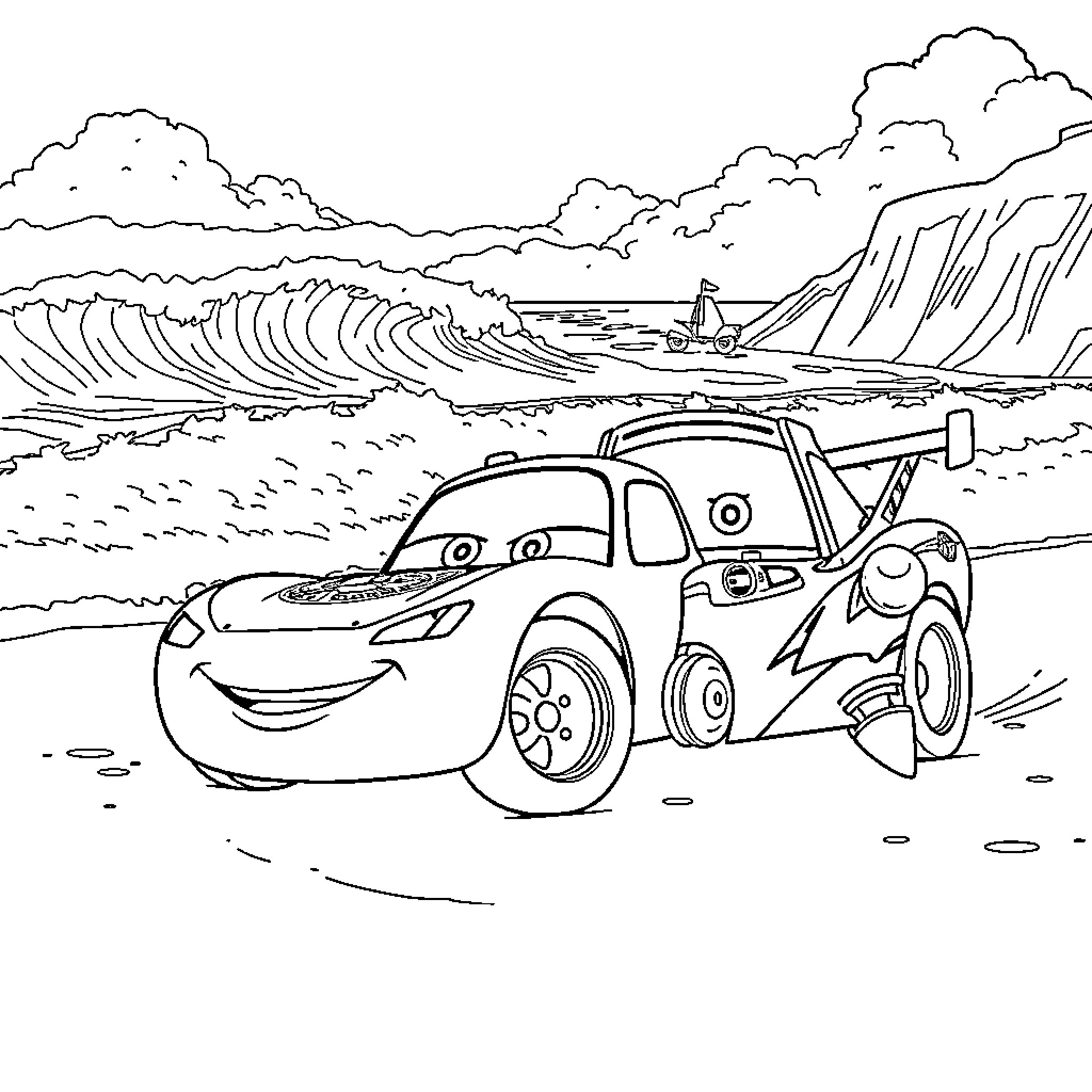Lightning McQueen's towing adventure at the beach Coloring Page (free black-and-white line drawing printable PDF for all, from beginners to advanced learners, including children, teens, adults, and seniors)