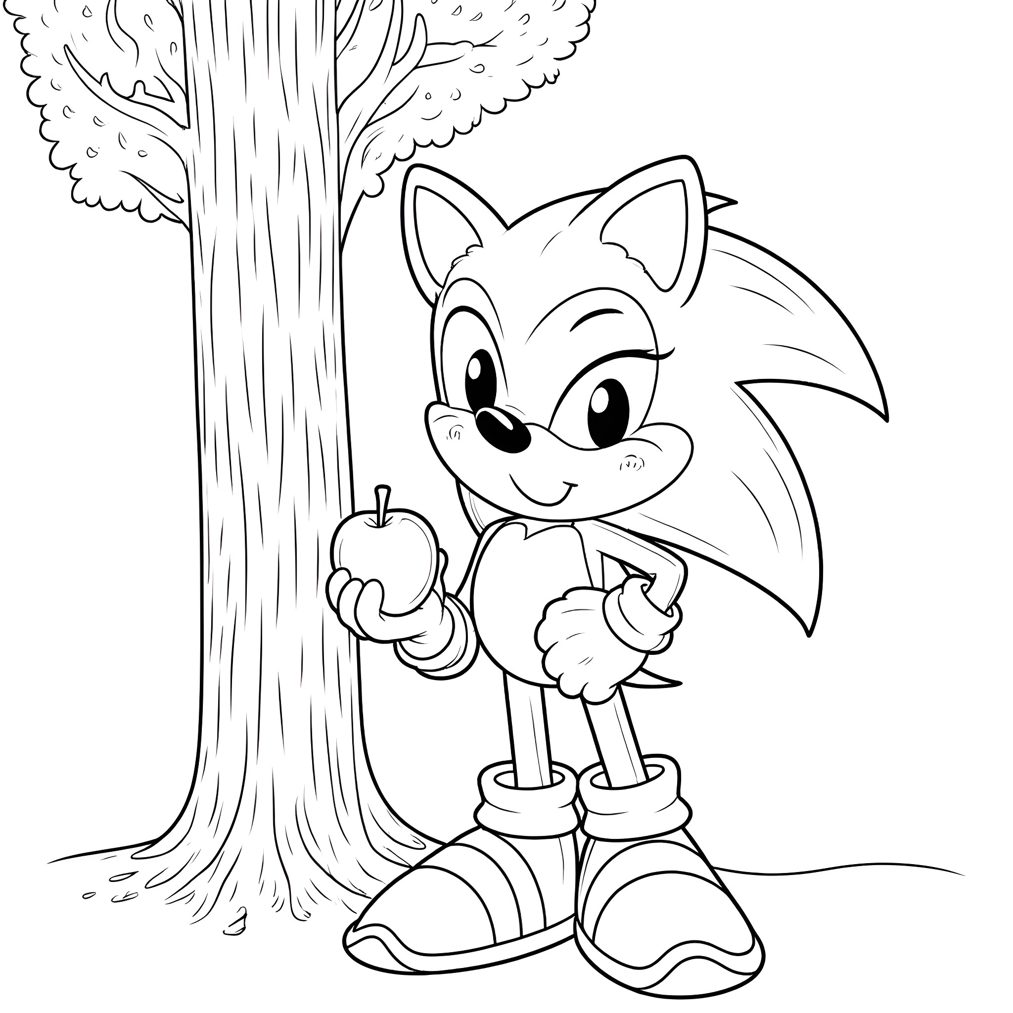 Hedgehog enjoying an apple under a tree Coloring Page (free black-and-white line drawing printable PDF for all, from beginners to advanced learners, including children, teens, adults, and seniors)