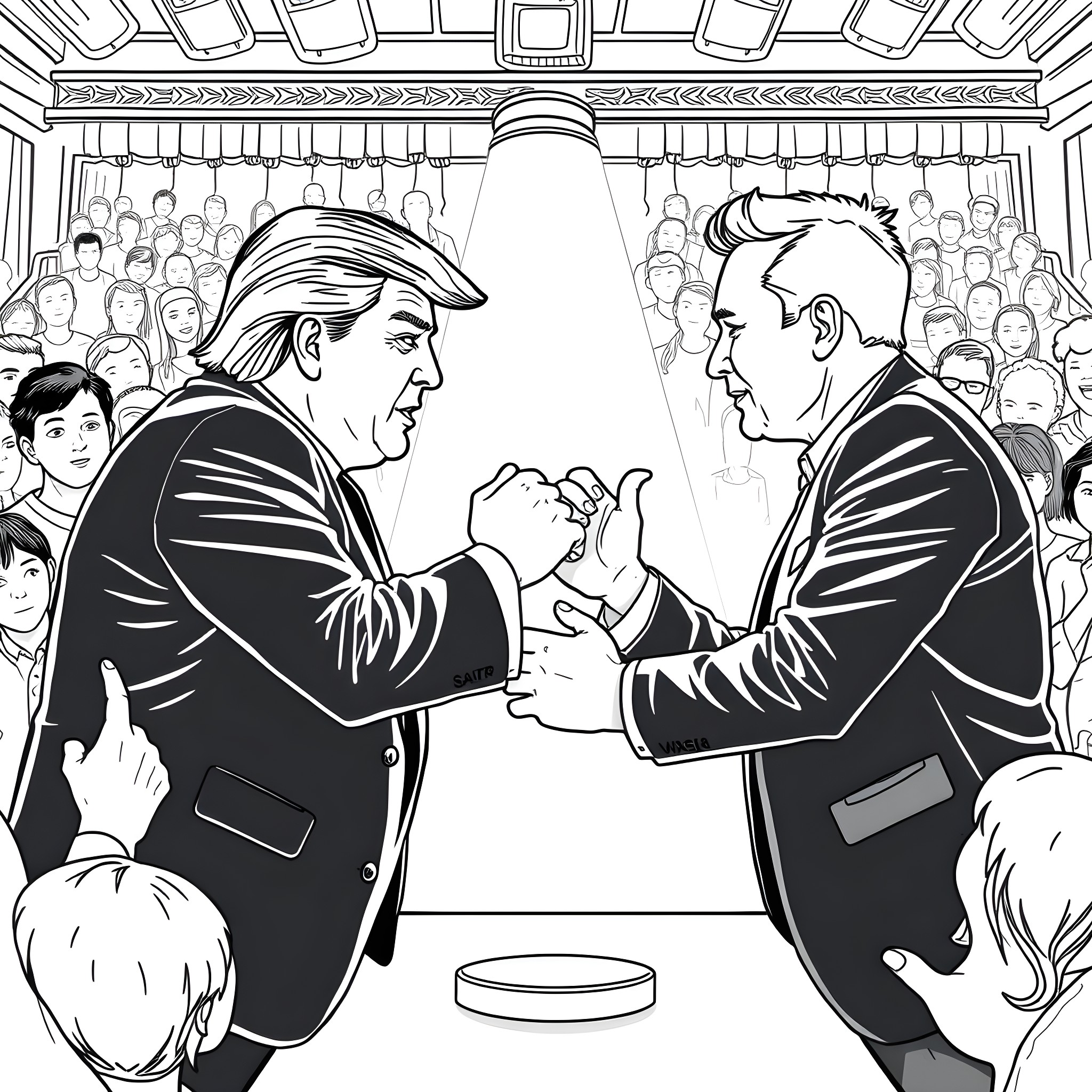 Donald Trump and Another Man Shaking Hands on Stage Coloring Page (free black-and-white line drawing printable PDF for all, from beginners to advanced learners, including children, teens, adults, and seniors)