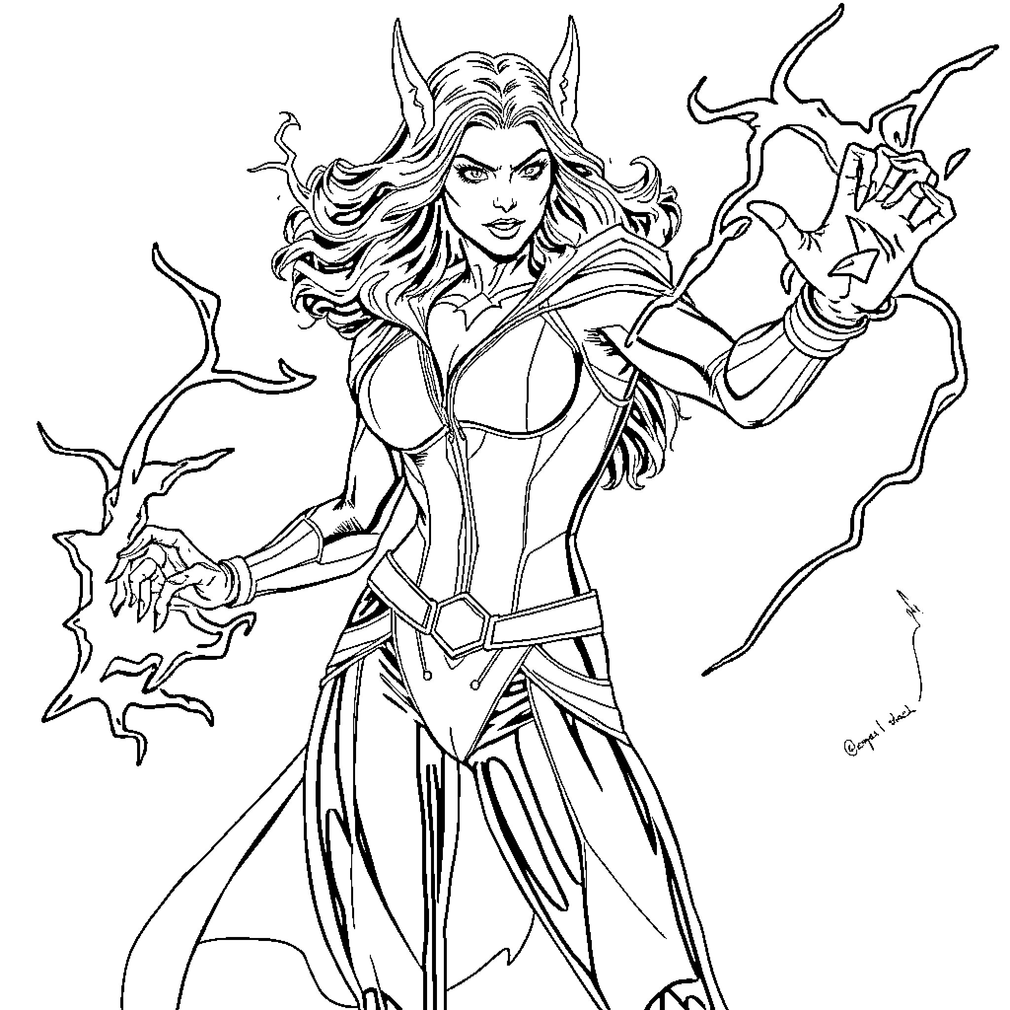 Scarlet Witch wielding powerful magical energy Coloring Page (free black-and-white line drawing printable PDF for all, from beginners to advanced learners, including children, teens, adults, and seniors)