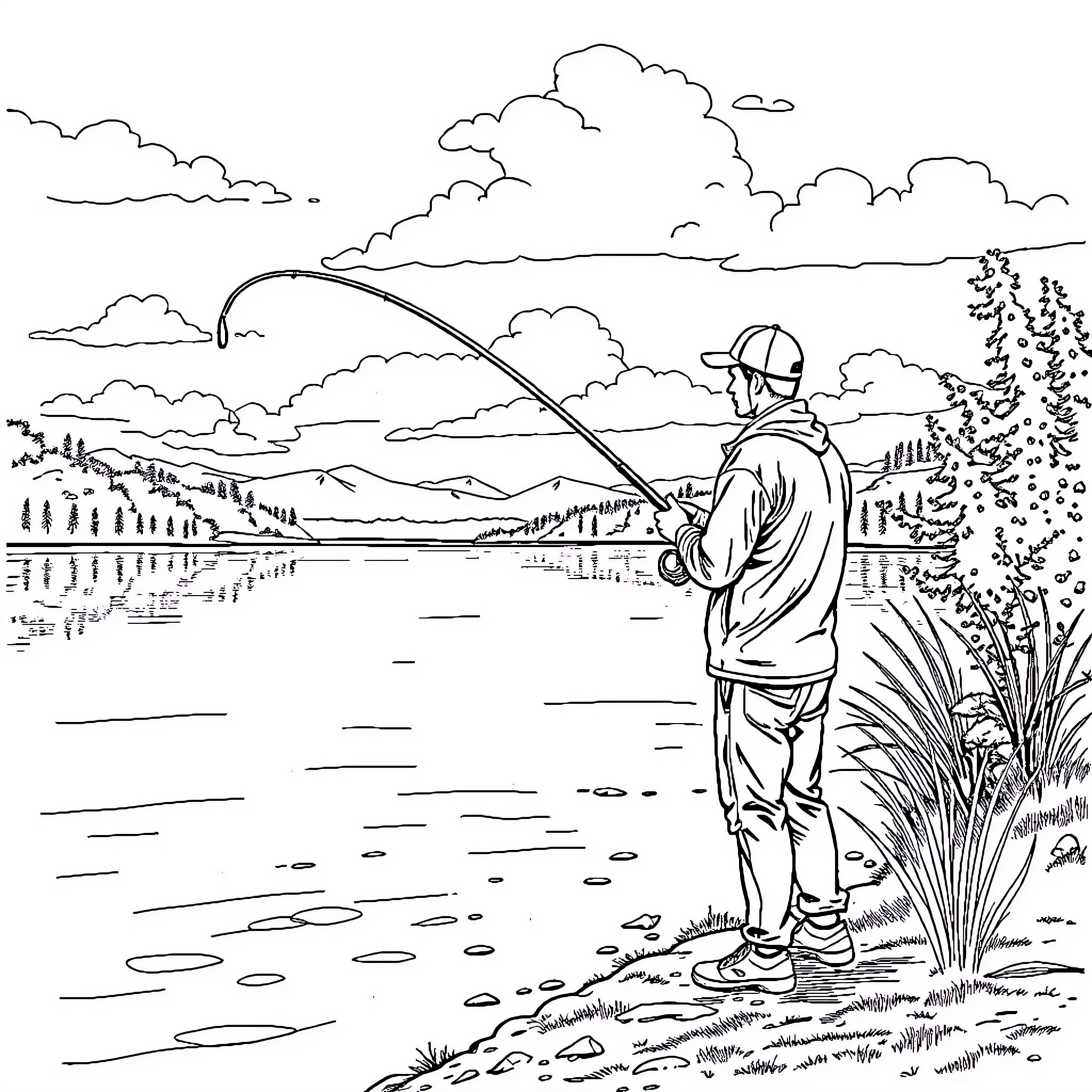Man fishing peacefully by the river Coloring Page (free black-and-white line drawing printable PDF for all, from beginners to advanced learners, including children, teens, adults, and seniors)