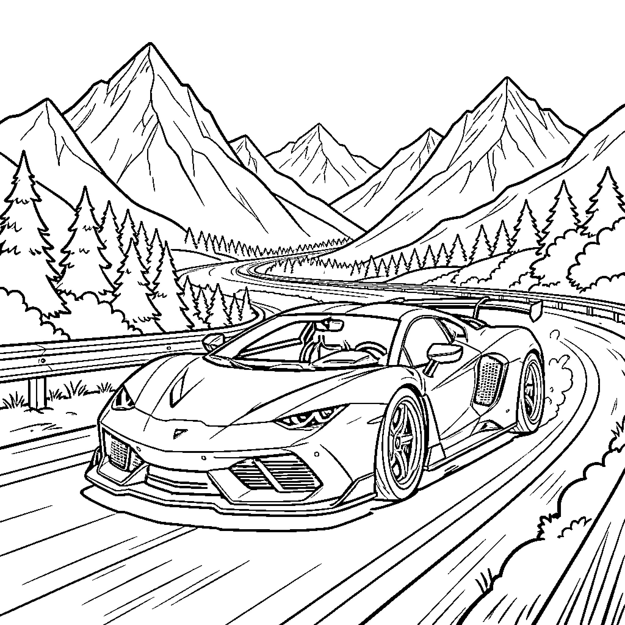 Supercar speeding along a winding mountain road Coloring Page (free black-and-white line drawing printable PDF for all, from beginners to advanced learners, including children, teens, adults, and seniors)