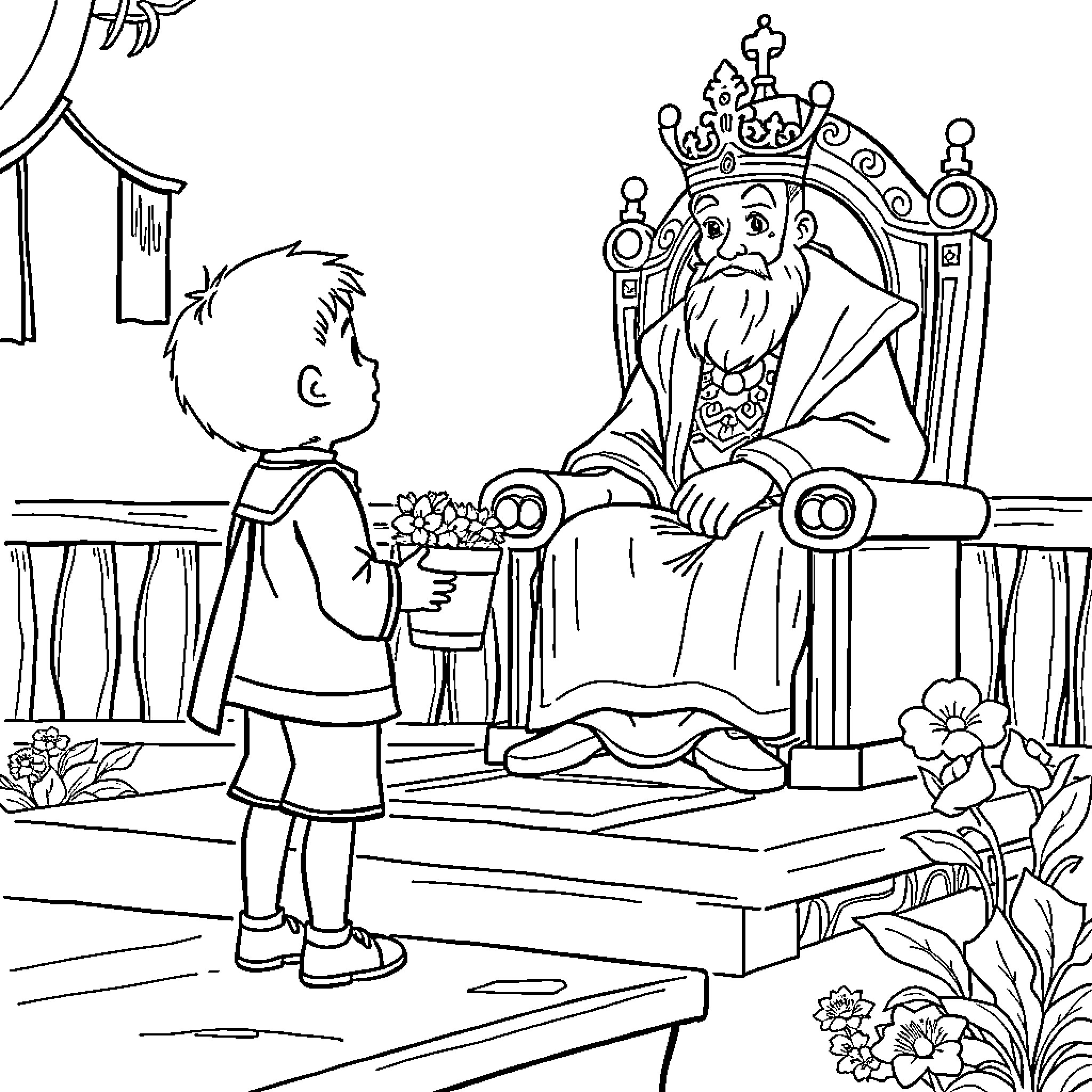 Boy Presenting Flowers to King on His Throne Coloring Page (free black-and-white line drawing printable PDF for all, from beginners to advanced learners, including children, teens, adults, and seniors)