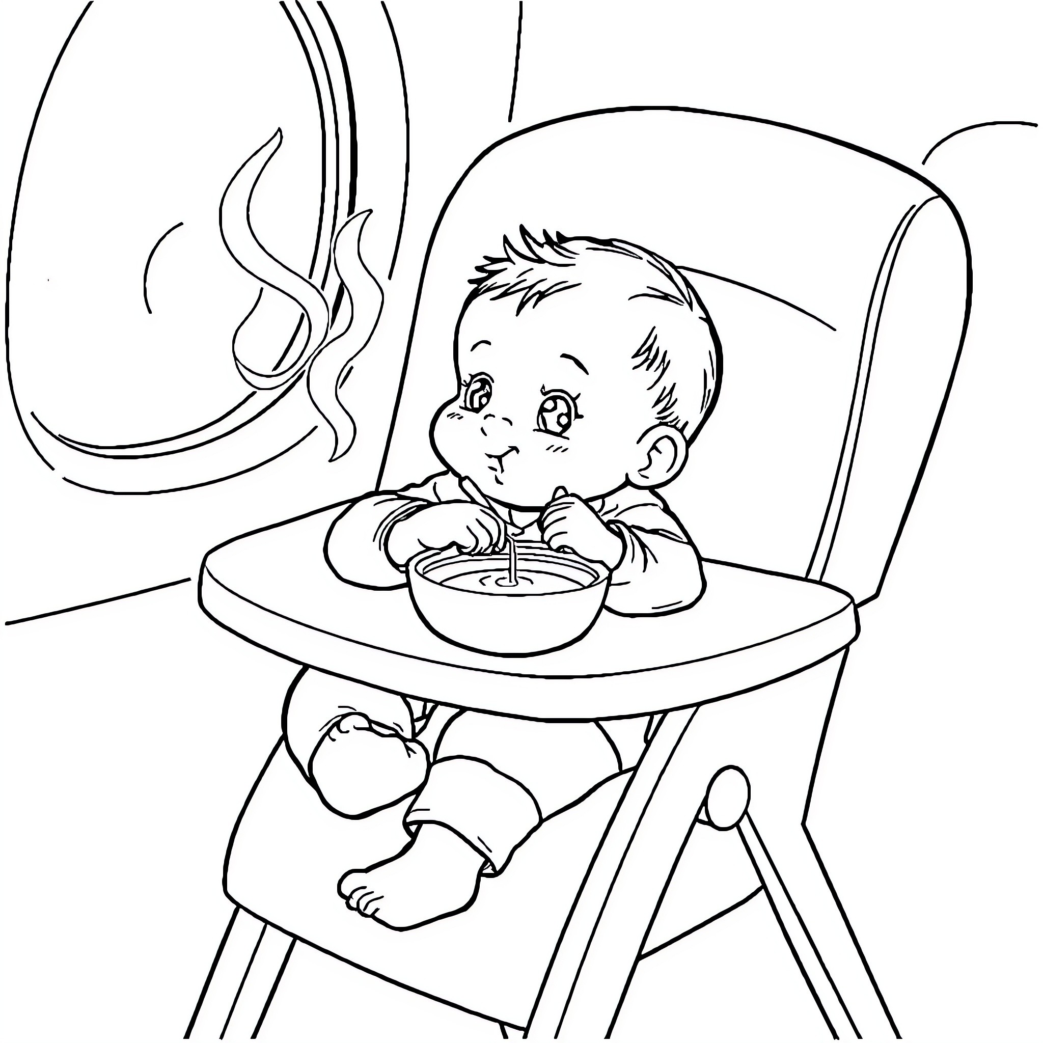 Baby enjoying a meal in high chair Coloring Page (free black-and-white line drawing printable PDF for all, from beginners to advanced learners, including children, teens, adults, and seniors)
