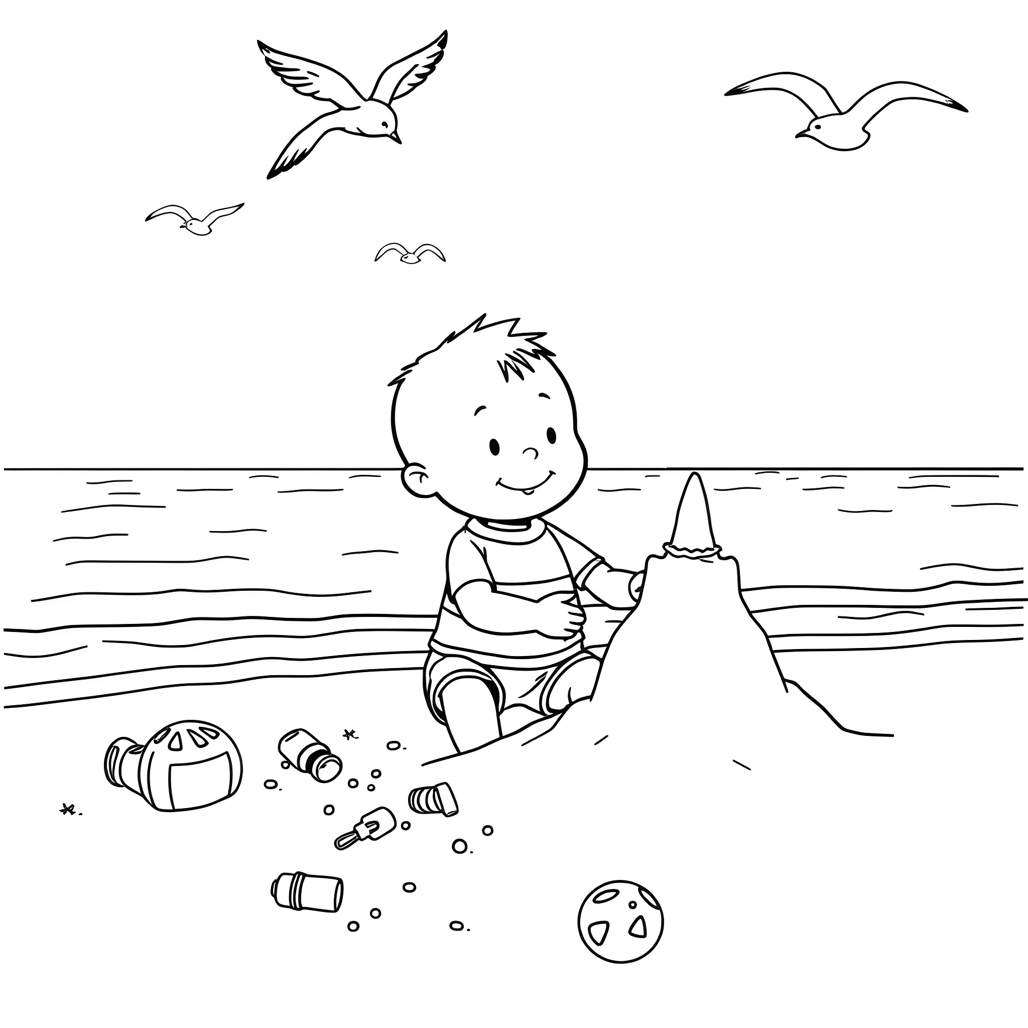 Caillou playing happily on the beach Coloring Page (free black-and-white line drawing printable PDF for all, from beginners to advanced learners, including children, teens, adults, and seniors)