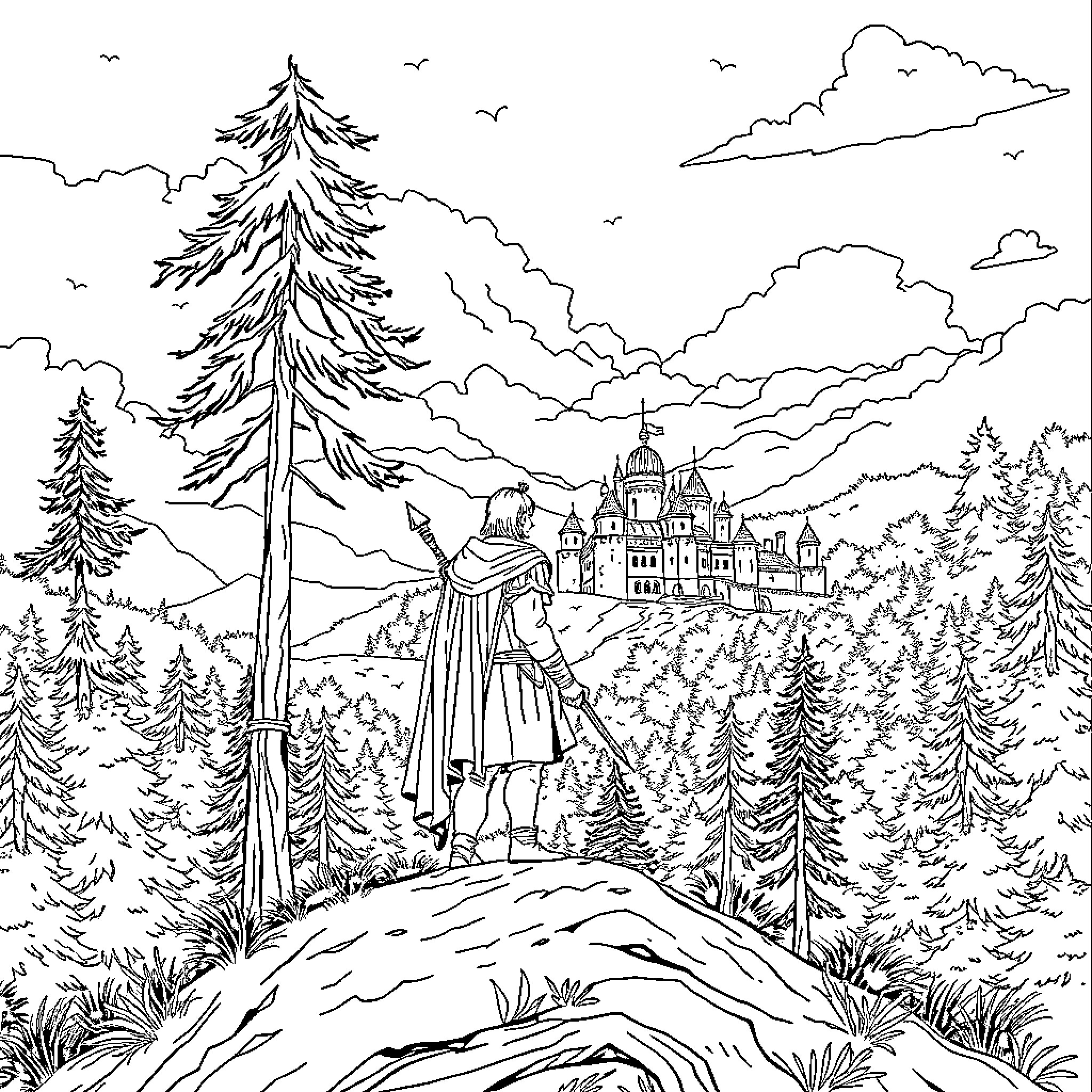 Hero stands on a hilltop overlooking a castle in a winter landscape Coloring Page (free black-and-white line drawing printable PDF for all, from beginners to advanced learners, including children, teens, adults, and seniors)