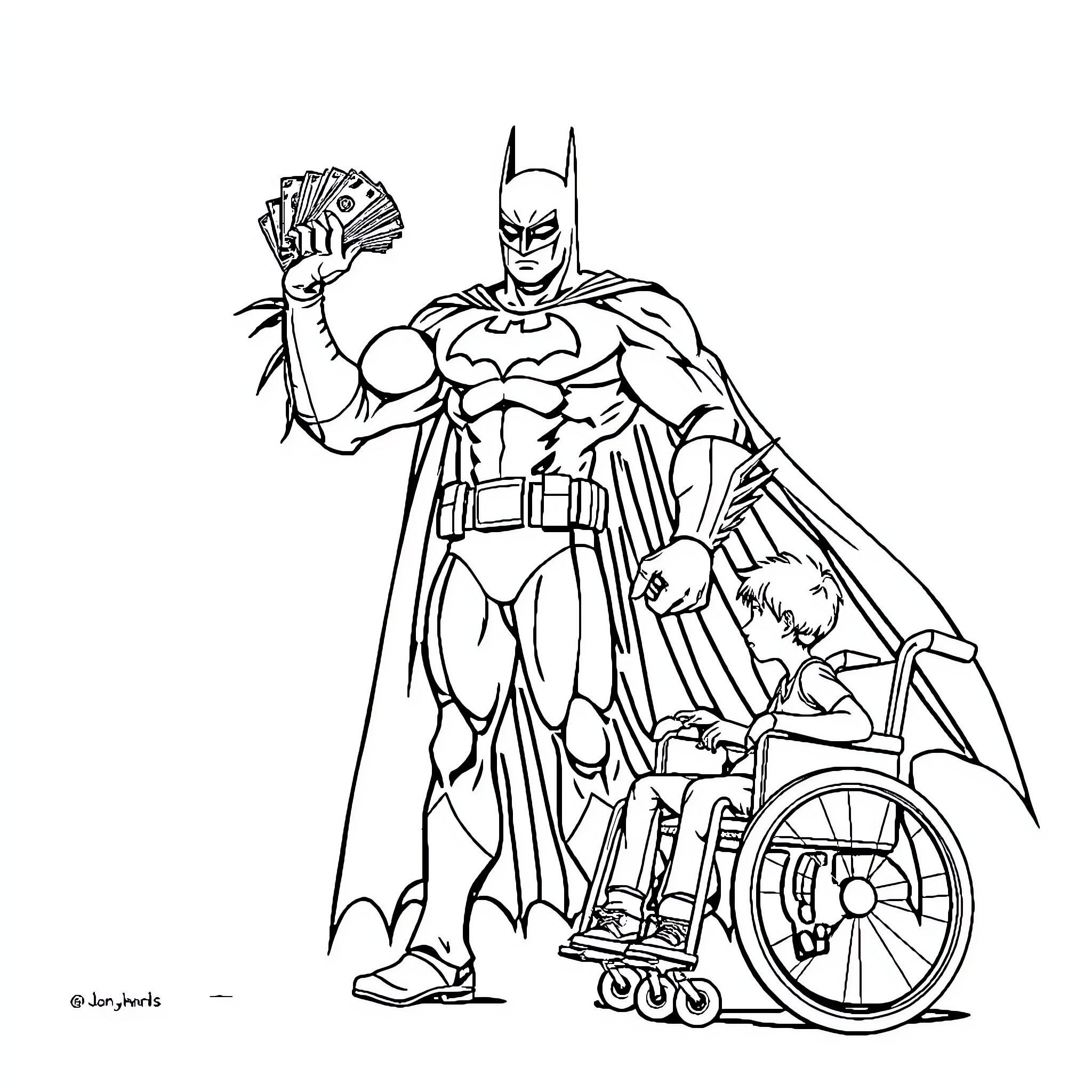 Batman helping disabled boy with playing cards Coloring Page (free black-and-white line drawing printable PDF for all, from beginners to advanced learners, including children, teens, adults, and seniors)