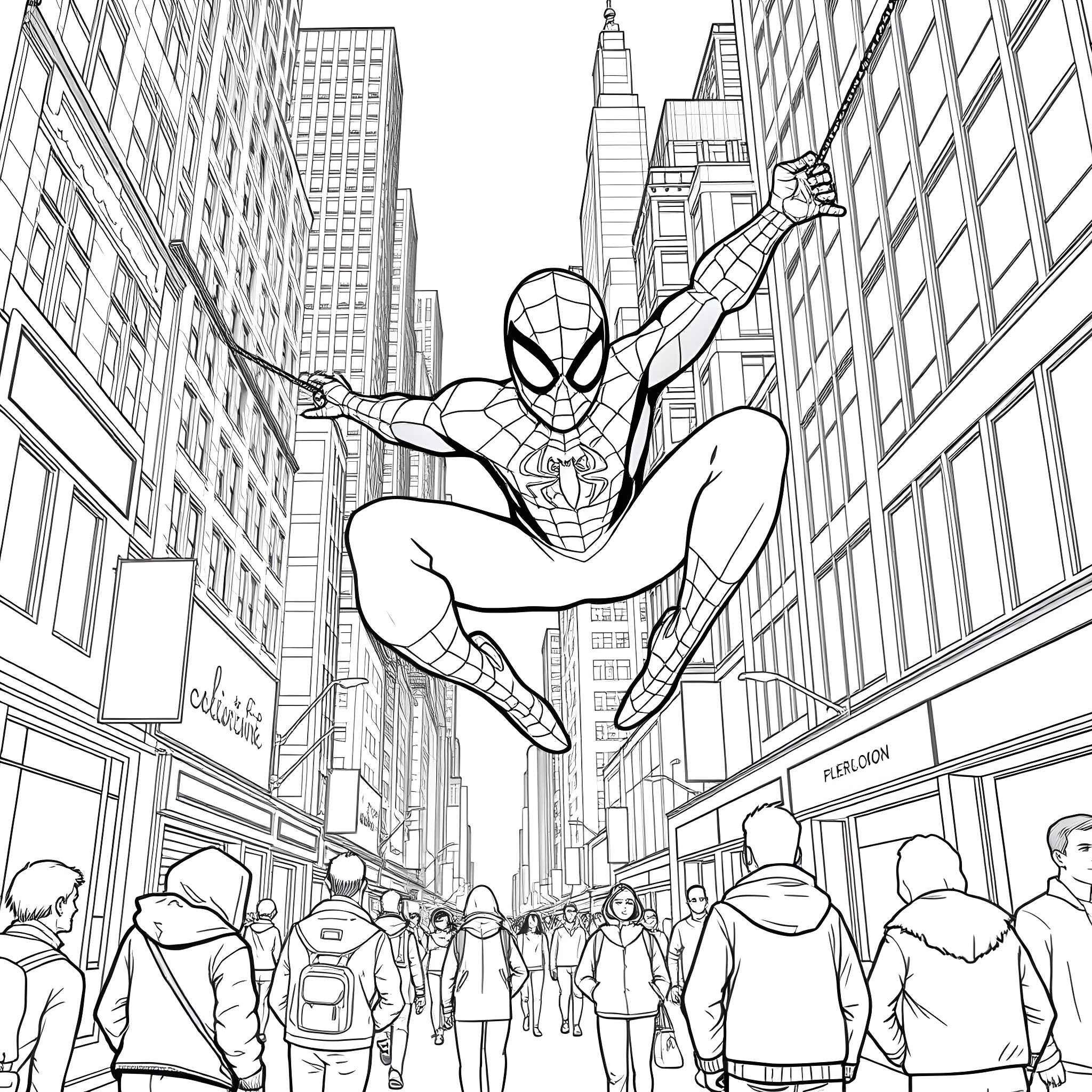 Spider-Man swinging through the city streets Coloring Page (free black-and-white line drawing printable PDF for all, from beginners to advanced learners, including children, teens, adults, and seniors)